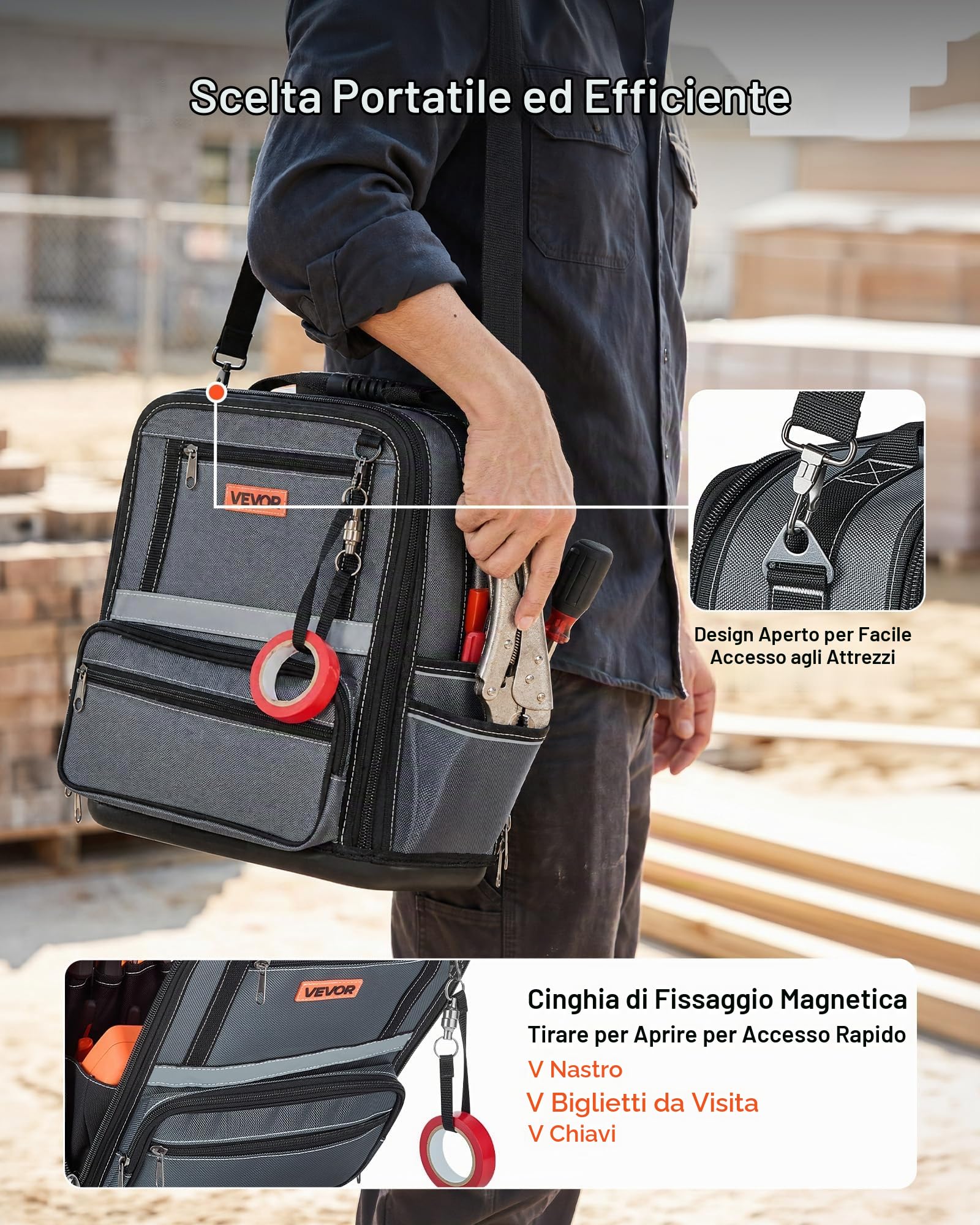 VEVOR Borsa Portautensili 335mm, 34 Tasche, Organizer Portatile per Attrezzi con Base Rigida in Plastica, Ampia Apertura a Cerniera, Tracolla Regolabile, Resistente all'Acqua, per Fai da Te e Cantiere