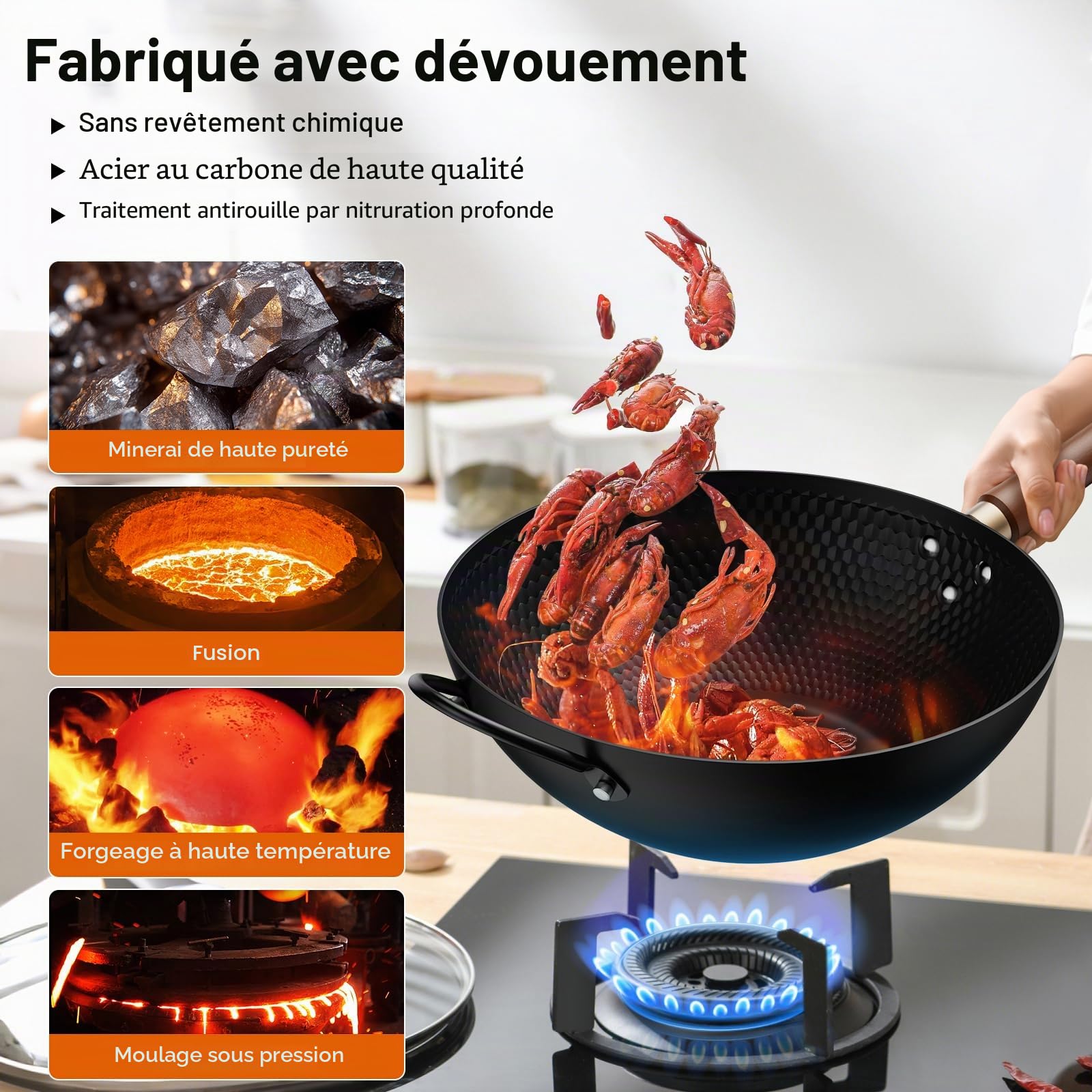 Jobin Wok Antiadhésif 33 cm, Pré-assaisonné wok Induction avec Poignée Auxiliaire en Bois et Acier, Sans Revêtement Chimique, Wok Pour Induction, Plaques Électriques, Gaz