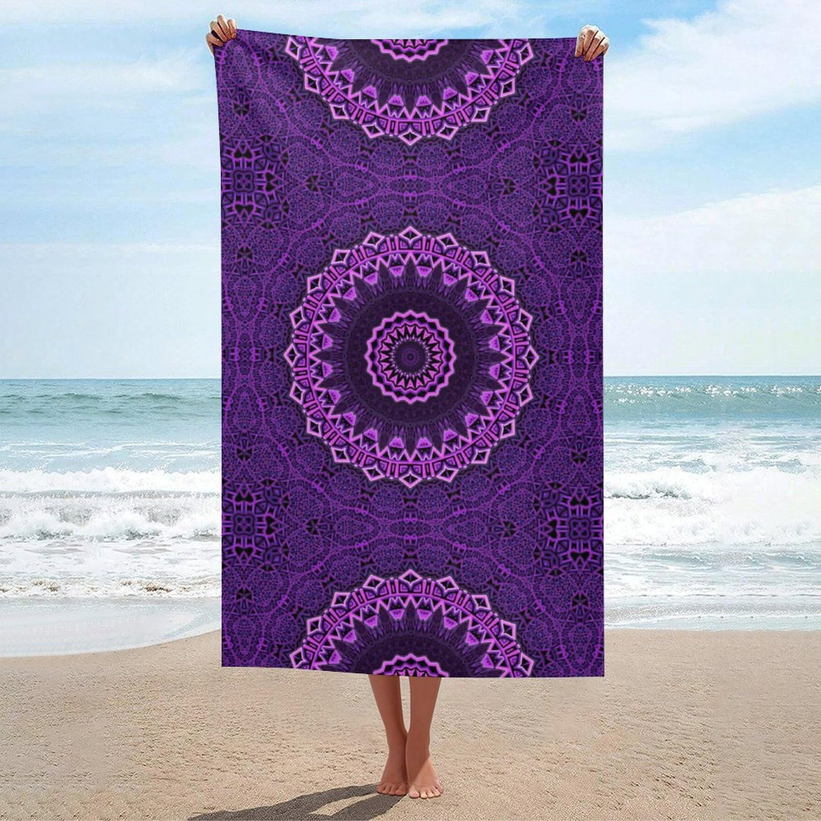 LEDFCVSU Beach Towel, Purple Mandala Bath Towel, Absorbent Towel for Swimming, Sports, Travel