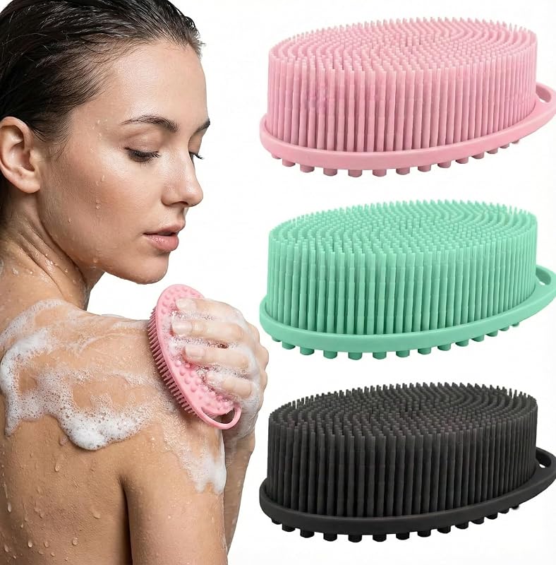 Escova de Silicone para Banho e Corpo CamareR, 2 em 1, 3 Unidades, Preto, Verde e Rosa