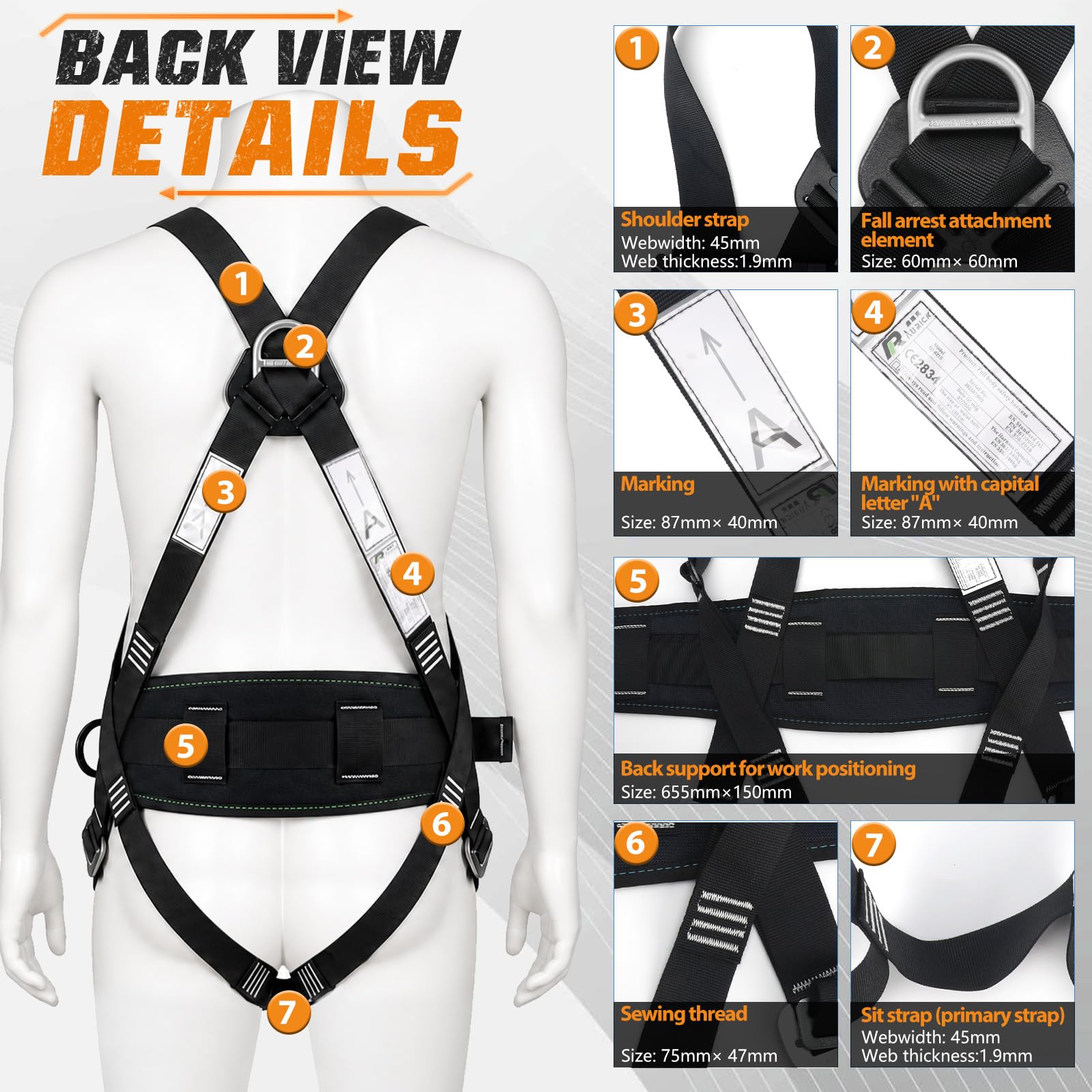 WingFly Ceinture SéCurité Anti-Chute, Kits Antichute De Sécurité 5 Points, Ergonomique Réglable Protection Antichute Baudrier Escalade,Max 150kg, avec 2 x Grandes Boucles et 2 x 1.8 m Longes
