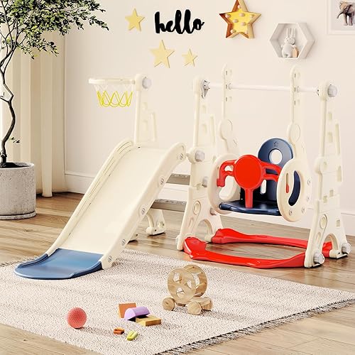 Juego de tobogán y columpio para niños pequeños de 1 a 3 años, juego para niños pequeños al aire libre, parque infantil con columpio, escalador, aro