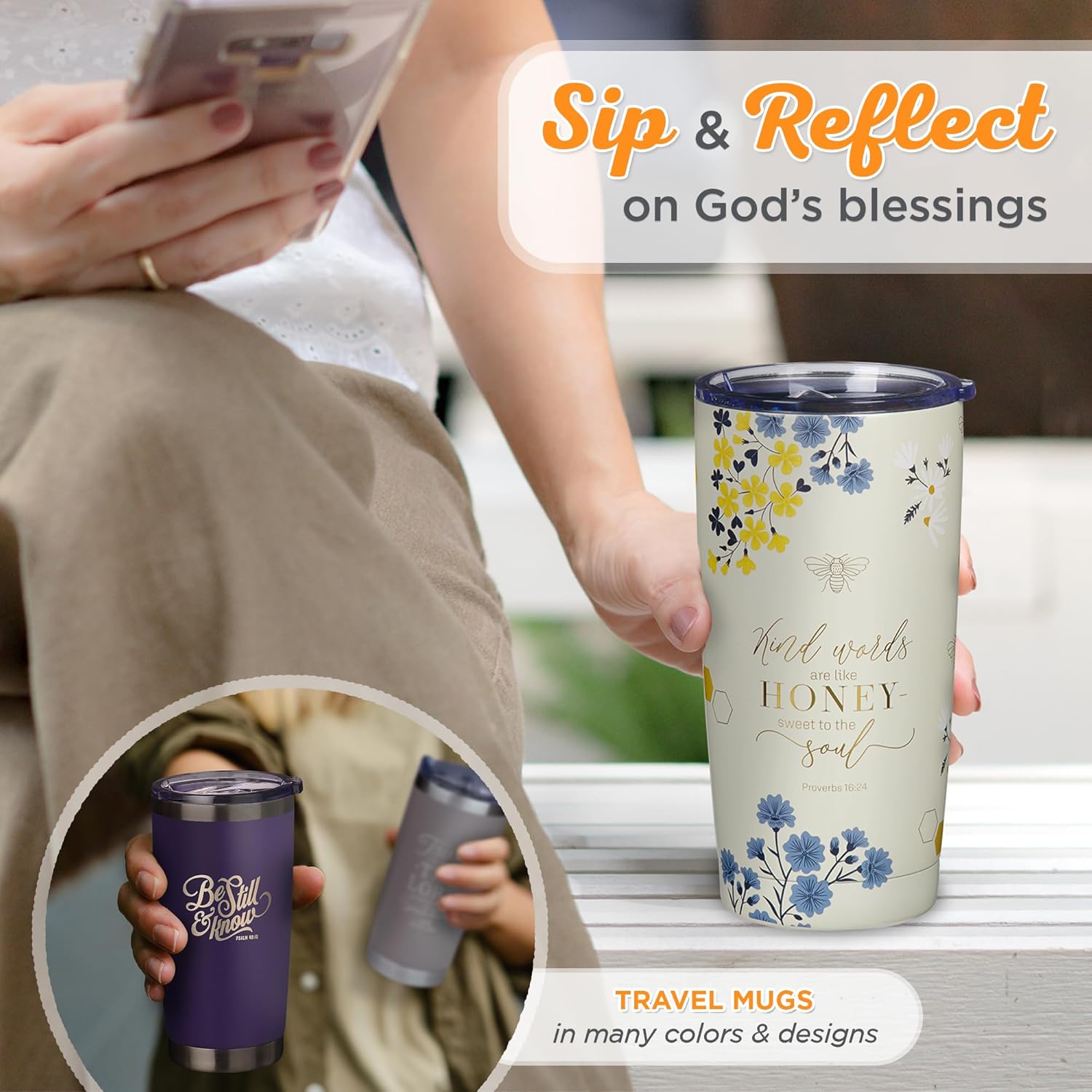 Christian Art Gifts Stainless Steel Scripture Tumbler Travel Mug for Women: Kind Words Bible Verse, Cute Bumble Bee, Double-wall Vacuum Insulated, Lid, Hot/Cold, Creamy White Multicolor Floral, 18oz. - Image 5