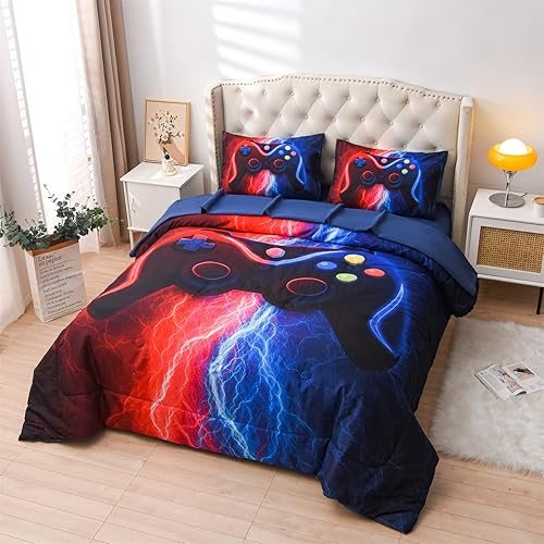 Miniatura 2 de Meeting Story Juego de ropa de cama para videojuegos de videojuegos juego de edredón con estampado de rayos rojos y azules para niños consola de