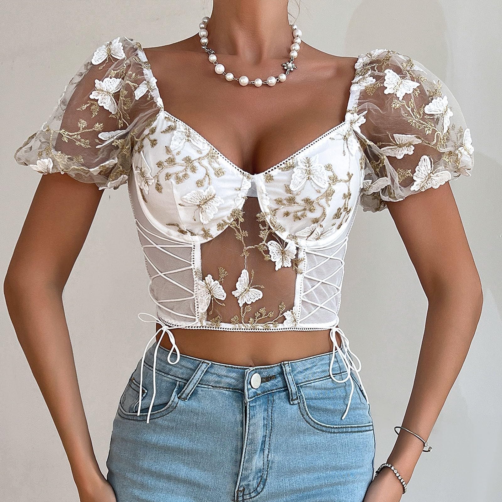 Camicetta Dirndl da donna, trasparente, bianca, elegante, con inserto in pizzo, corsetto elegante, maniche svasate, top corto avvolgente con camicetta in pizzo per lingerie