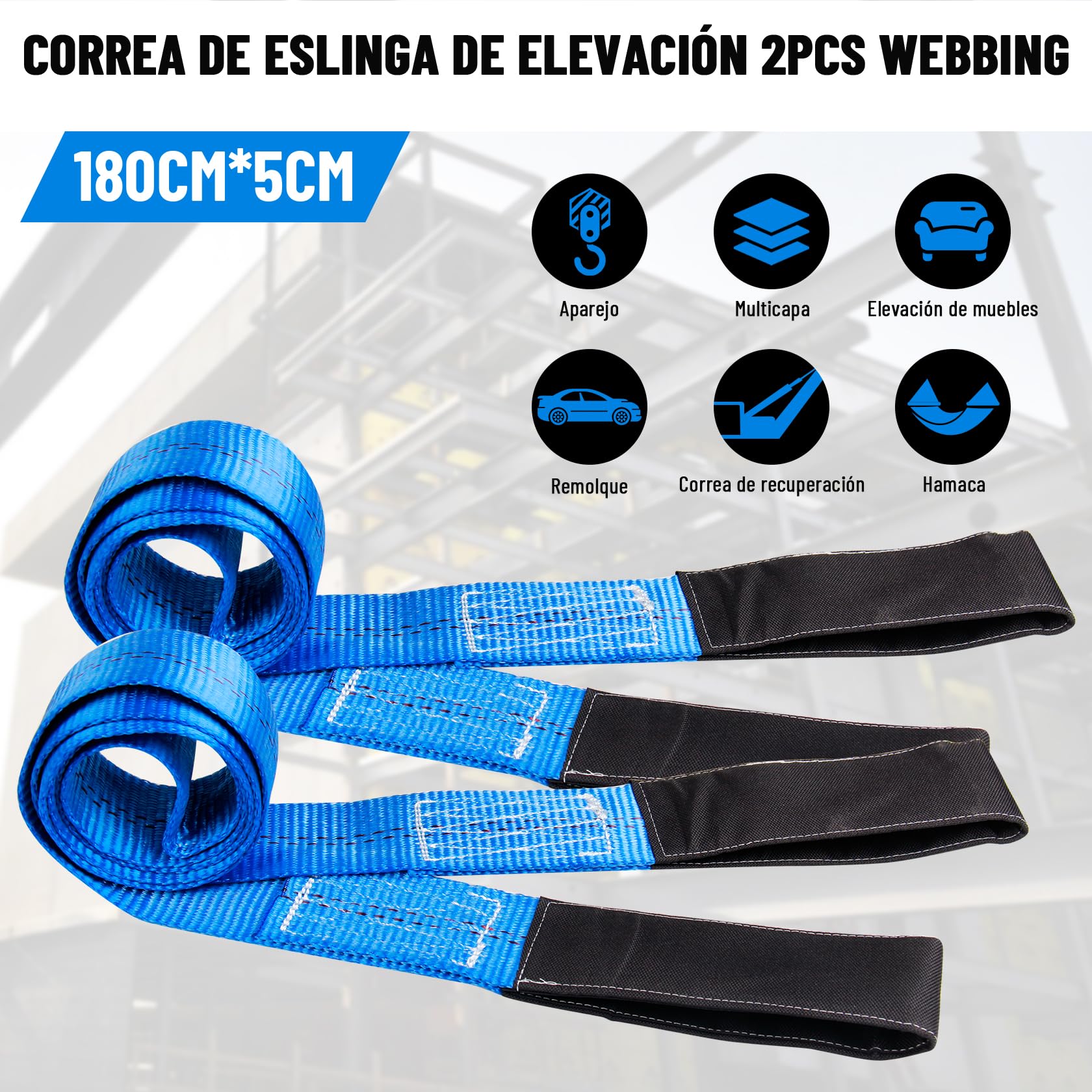 Eslinga Plana Doble Pindex 2 1.8 m 1000 kg, Eslinga de Elevación para Cabrestante, Grúa, Azul
