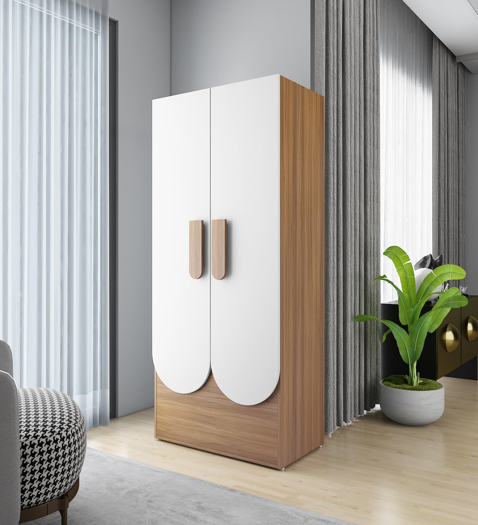 A GLOBIA CREATIONS Briza Engineered Wood 2-Door Wardrobe | Exotic Teak & Frosty White Finish | Matte | Knock-Down | Bedroom Storage | Water & Scratch Resistant | 3 Shelves | 36-Month Warranty-picture-11