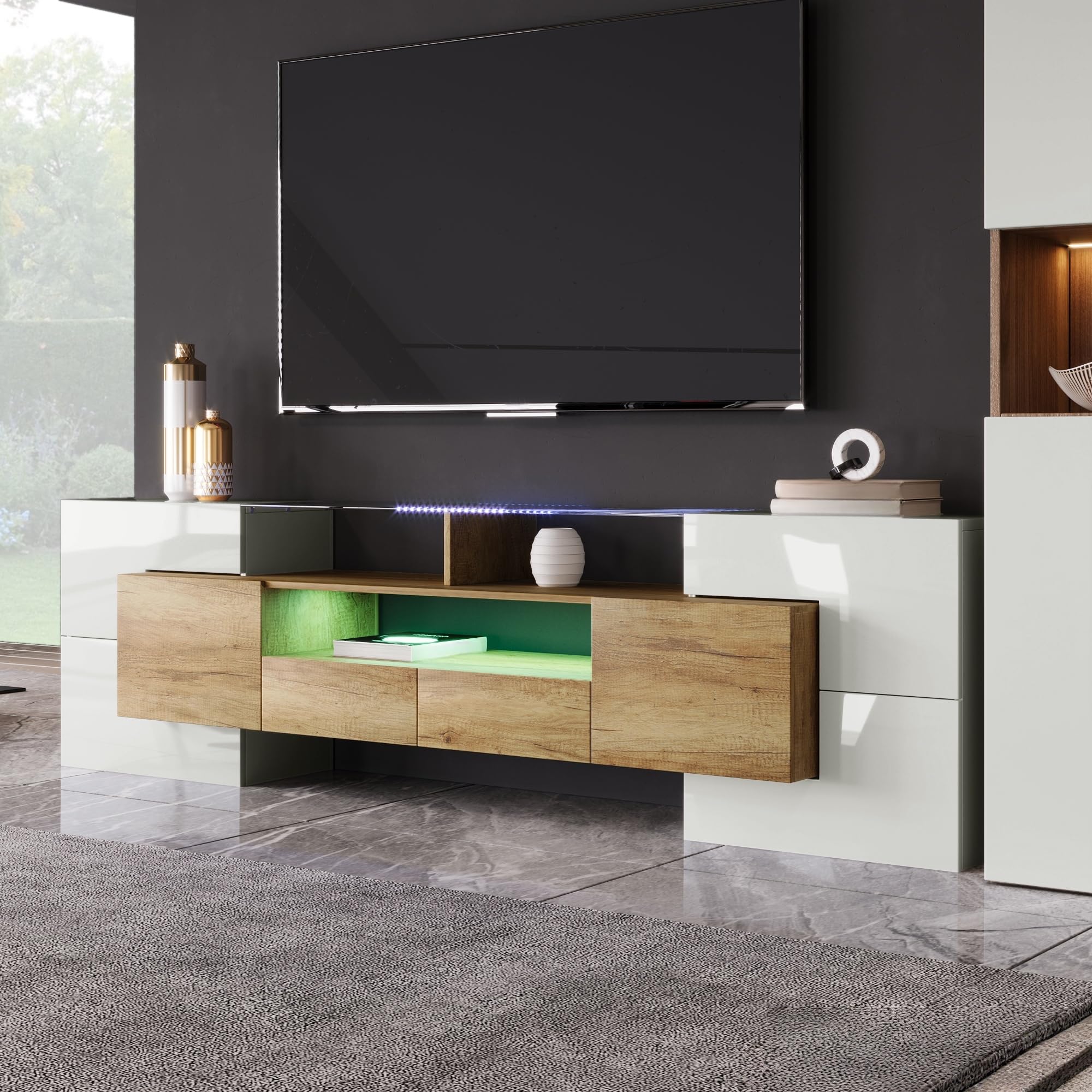 TV Schrank mit 2 Schubladen und LED-Beleuchtung, TV Lowboard für 60-69-Zoll-Fernseher, Fernsehschrank Wohnzimmerschrank mit Hochglanz, TV Möbel Wohnzimmer Möbel, 200x35x60 cm, Natur