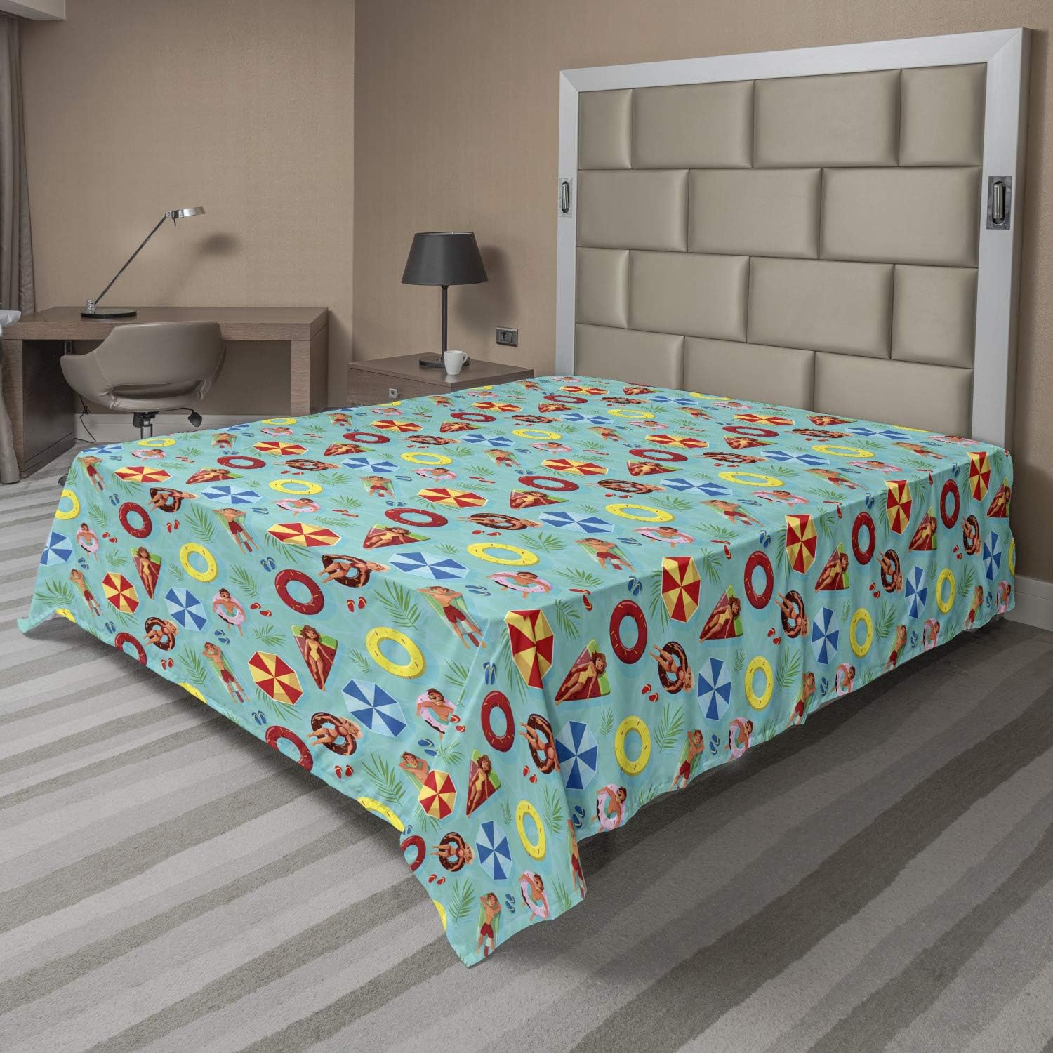 Ambesonne Pool Party Flat Sheet, Summer Pool Doodle of People on Funny Swim Float Rubbers Happy Boys and Girls, Soft Comfortable Top Sheet Decorative Bedding 1 Piece, Queen Size, Multicolor