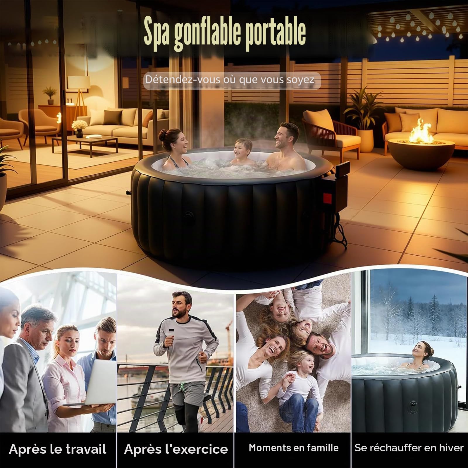 Spa Rigide 4-6 Personnes avec 150 Jets de Bulles 40℃ Chauffage Rapide Bassin de Massage en PVC Durable et Indéchirable pour Cour Patio Comprend Couverture Thermique et Filtre 206 cm S