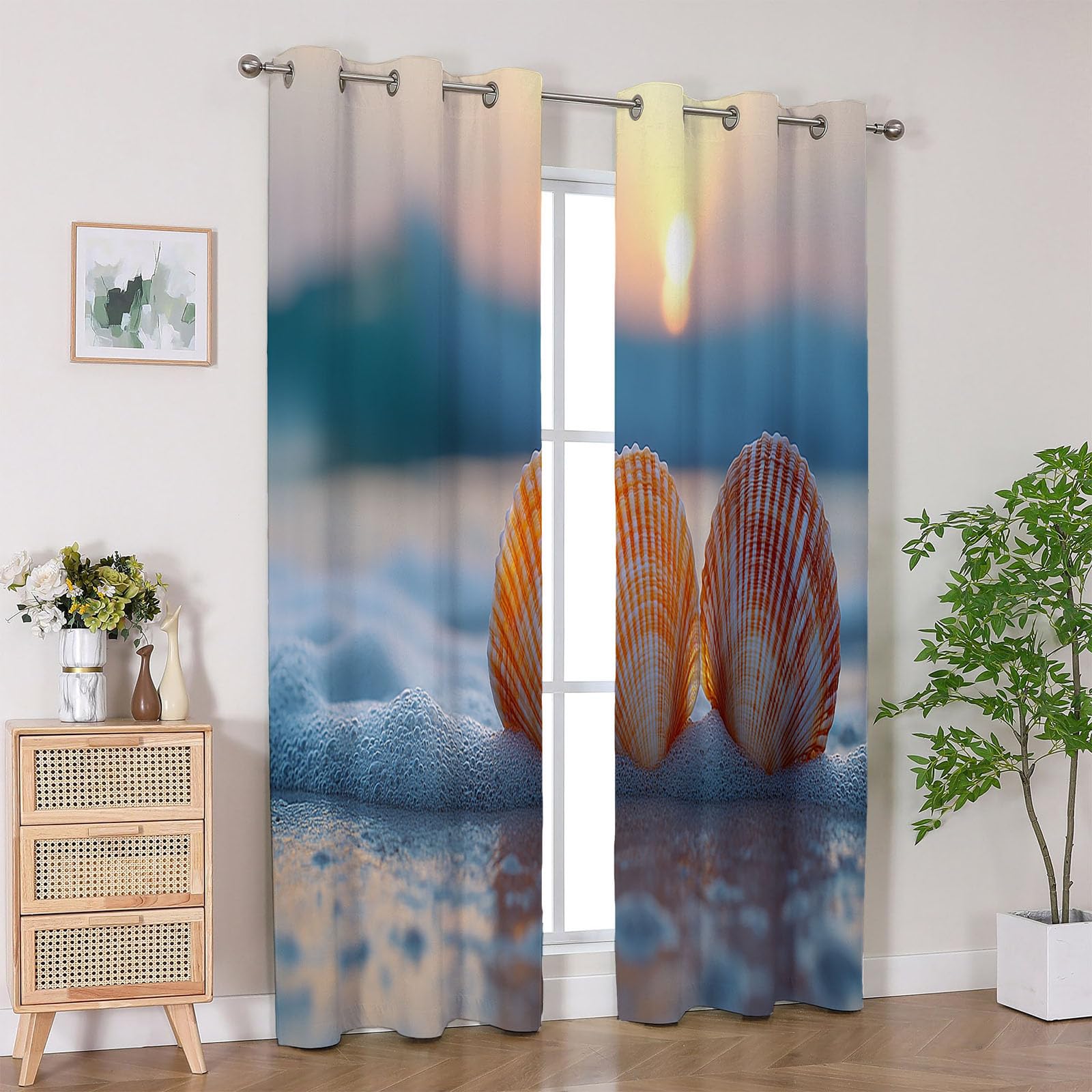 Natur Landschaft Vorhänge Wald Strand-Welle Vintage Muster Verdunkelungsvorhang Landhaus Polyester Ösenschal für Schlafzimmer Wohnzimmer-H240 x B140 cm (2er Pack)