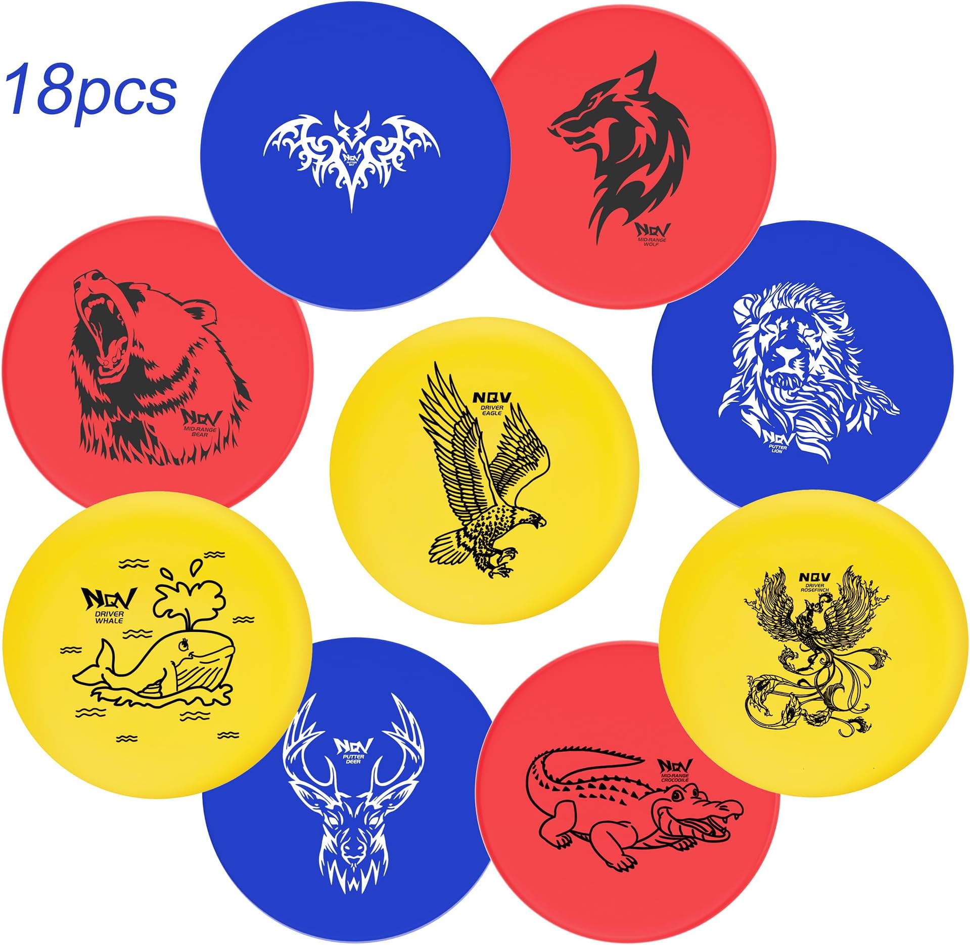 NQV Disc Golf Set for Beginners, 18 Disc Golf Discs with 9 Types of Pictures, 6 Drivers 6 Putters 6 Mid Ranges, Play Outdoor Indoor Backyard for 3 Plus People Family