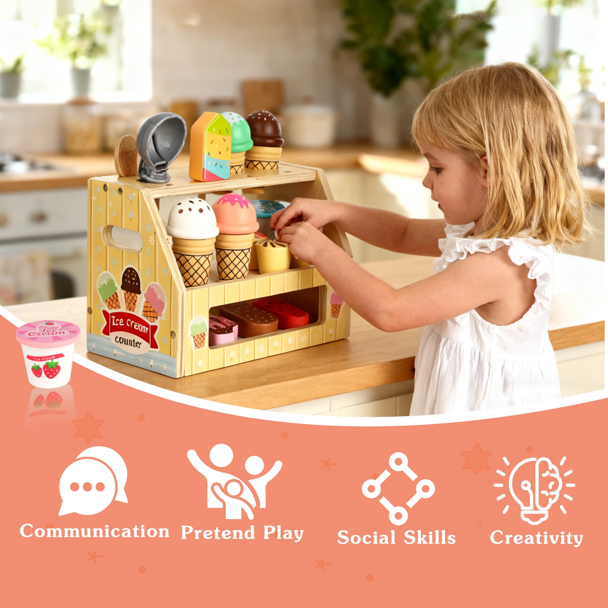 Carretto Gelati Giocattolo in legno per bambini,set gelateria 36 pezzi con espositore e monete, Carretto Gelati Giocattolo per gioco di ruolo educativo per bambini da 3 anni