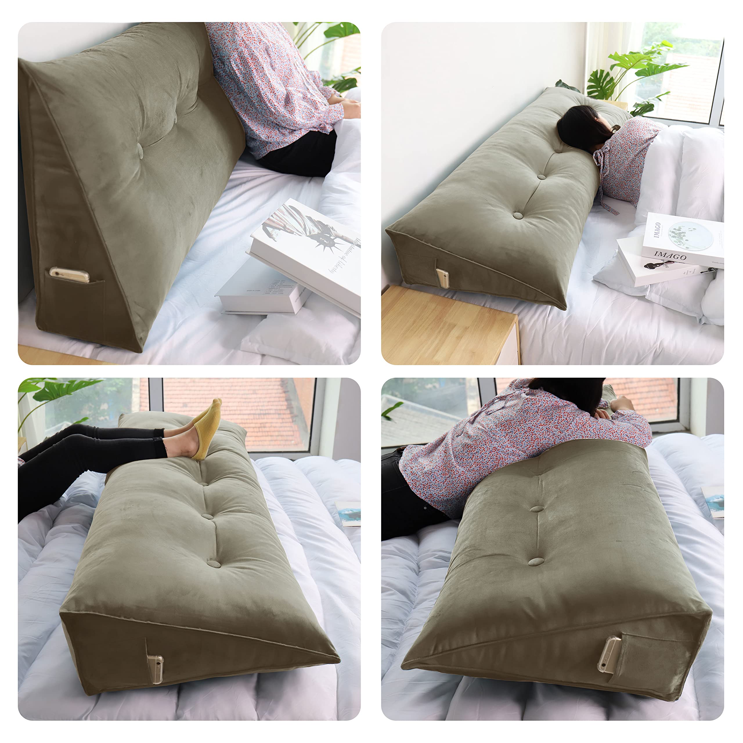 VERCART Almohada de Lectura, Cabecera Tapizado, Almohada Lumbar Cervical, Cabecera de Cama Suave Cama Grande Almohada Cojines Cama para Respaldo con Funda Desmontable Marrón Claro 160 * 20 * 50cm