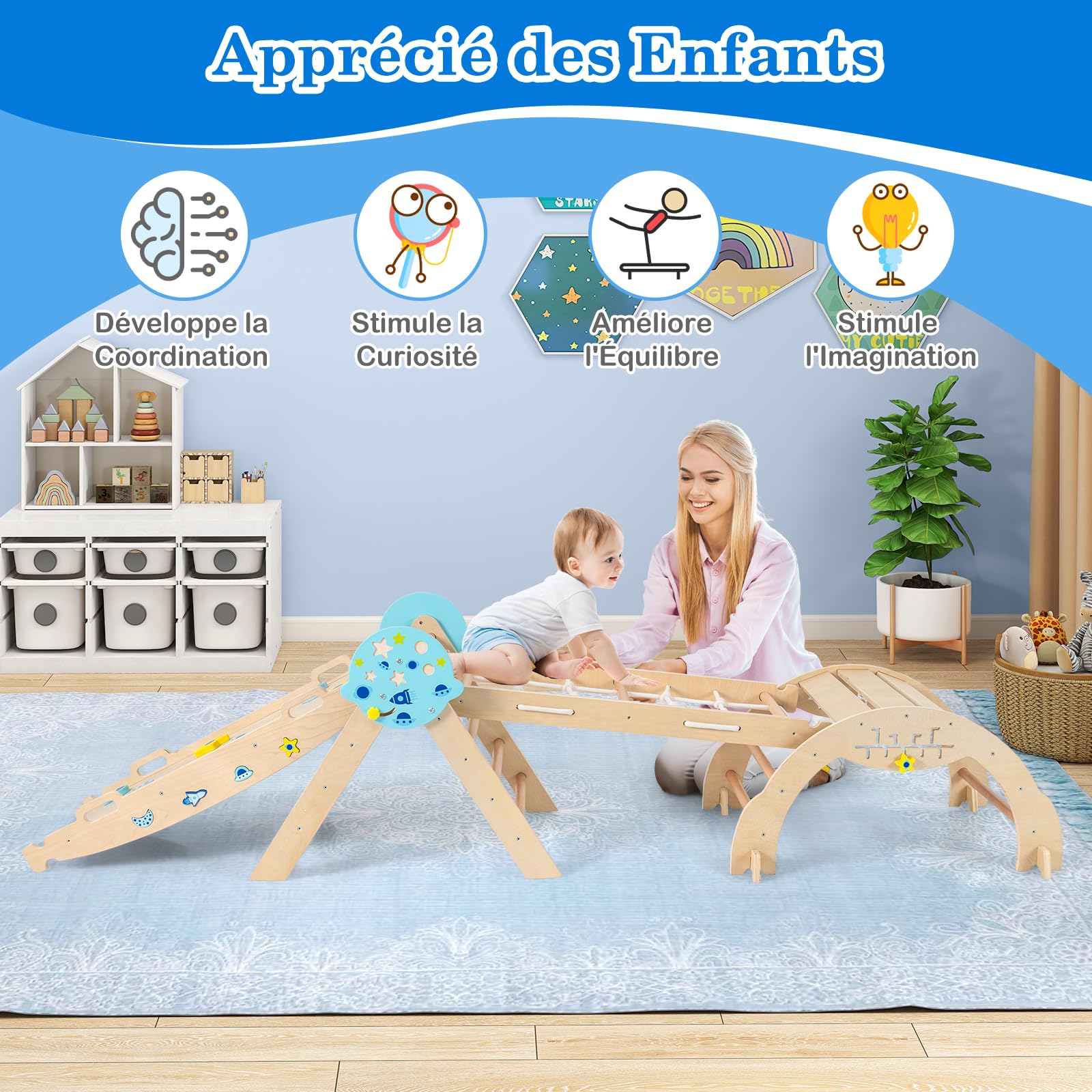 DREAMADE 9 en 1Triangle d'escalade Montessori en Bois Astronaute, Filet, Arche d’Escalade Pliable Éducative pour Enfants, Aire de Jeux Bébé pour Salon, Chambre, Maternelle (Naturel)