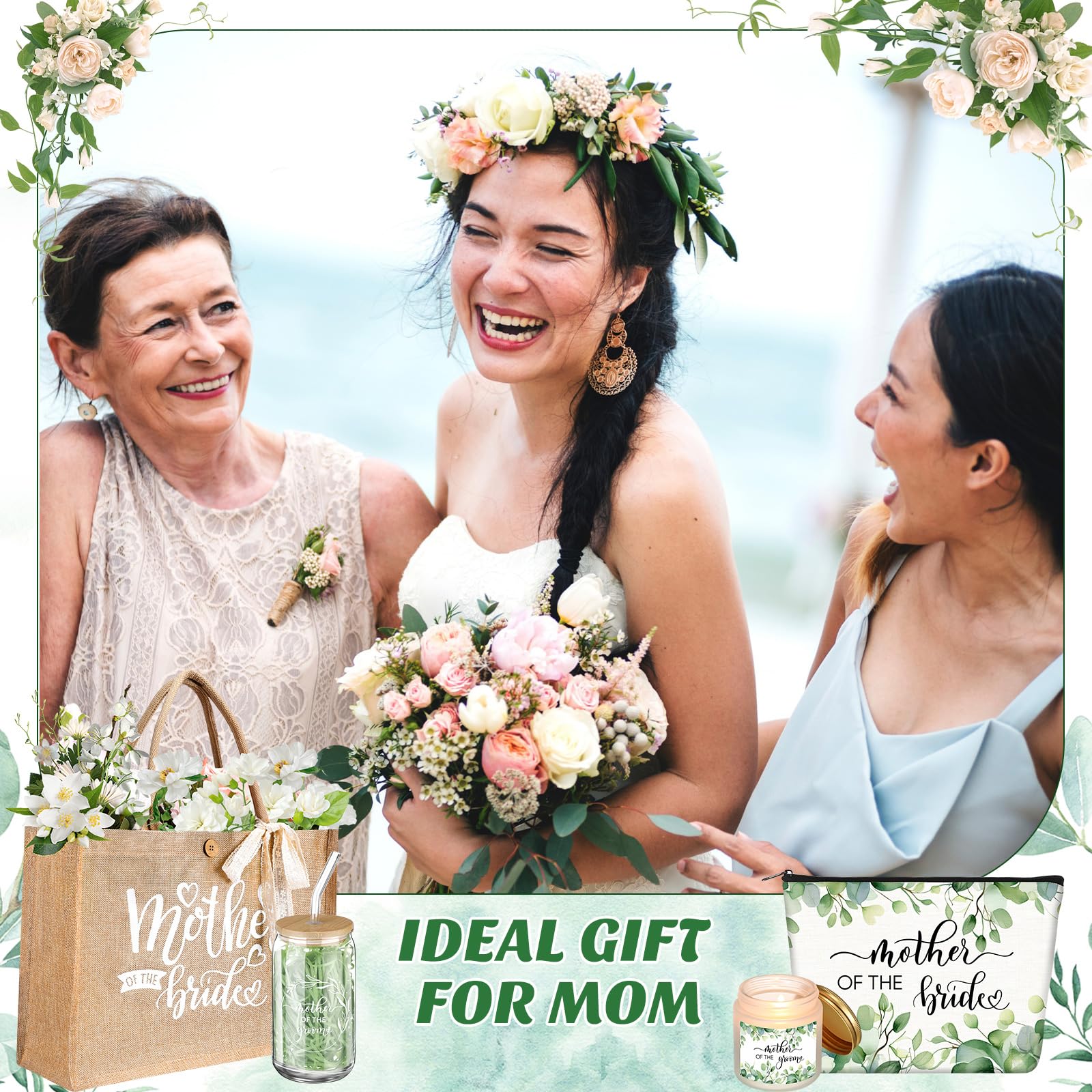 Hushee 2 Sets Mother of the Bride and Mother of the Groom Gifts Set Includes 16 oz Glass Cups Canvas Tote Bags Cosmetic Bag Handkerchief Candle for Mom Bridal Shower Wedding Gifts(Eucalyptus)