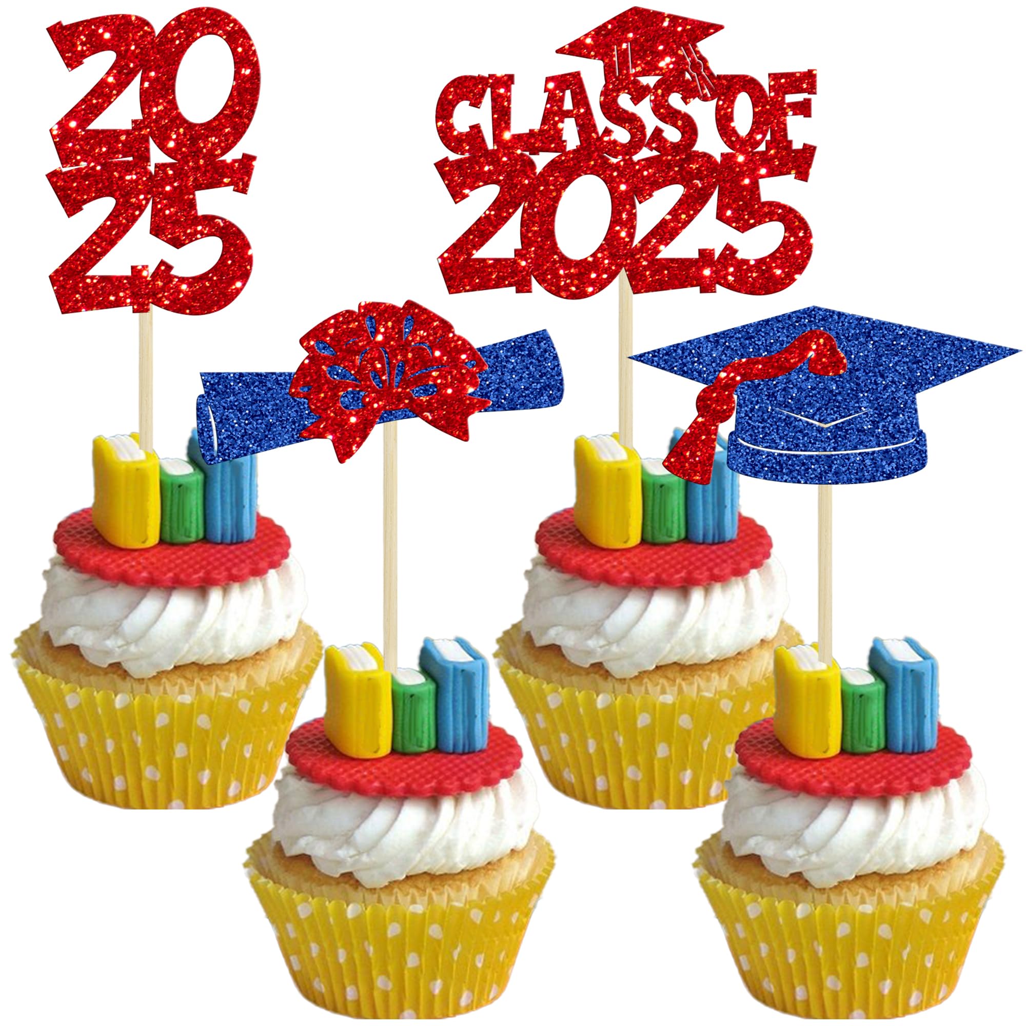 Ephlyn 36Pcs 2025 Graduation Theme Cupcake Toppers Glitter Class of 2025 Congrats Grad Diploma Graduation Cap Cupcake Picks for 2025 Graduation Theme Party Cake Decorations Supplies Red Blue
