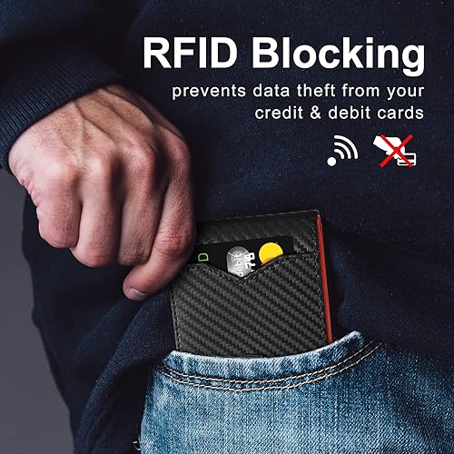 Miniatura 5 de GSOIAX Billetera delgada para hombre minimalista de cuero genuino fibra de carbono con bloqueo RFID de cuero vacuno plegable con caja de regalo,