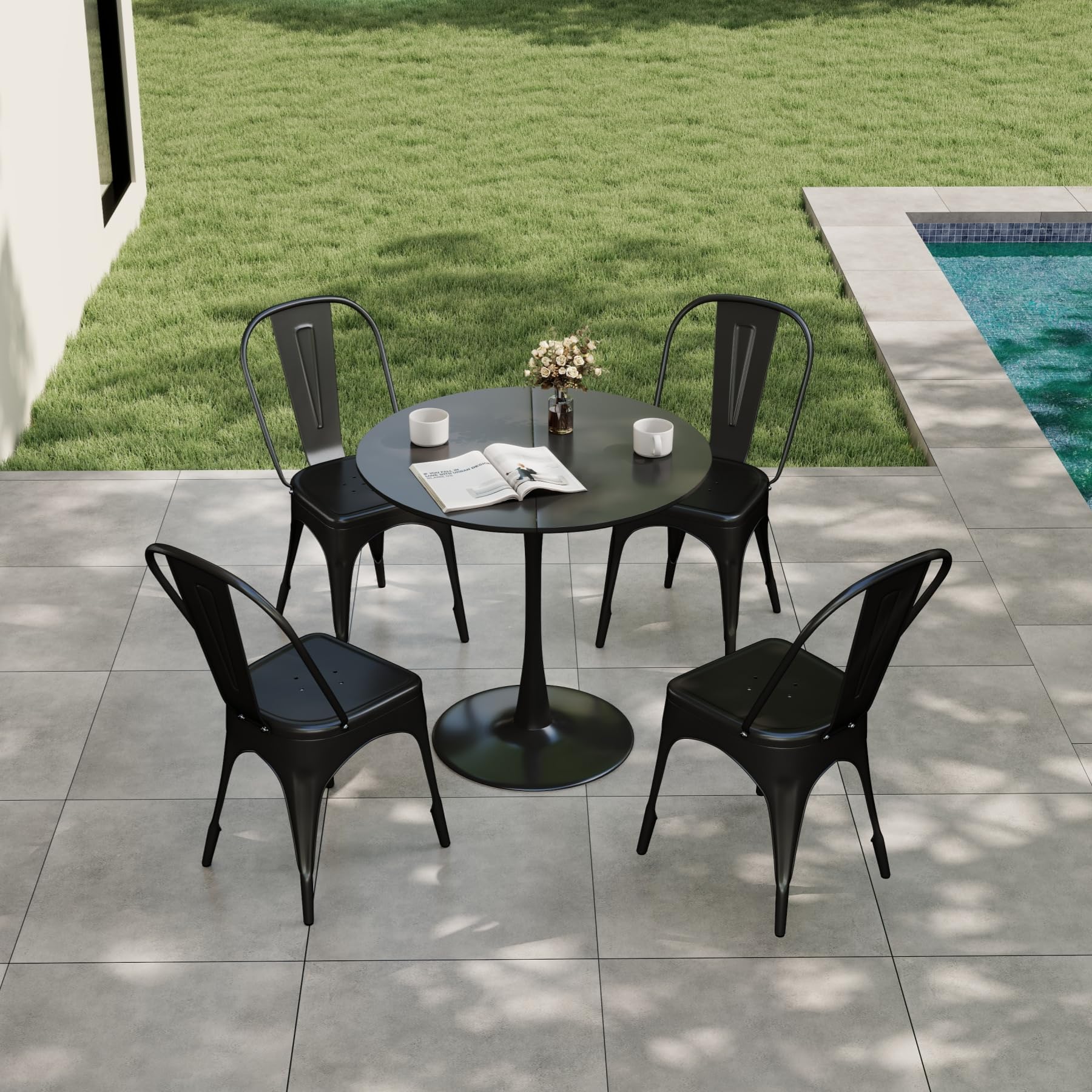 Juego de 8 Sillas de Comedor de Estilo Industrial Retro, Aspecto de Metal, Diseño Apilable, Sillas para Pestaurantes, Bistrós, Cafeterías, Bodas en el Jardín - Negro