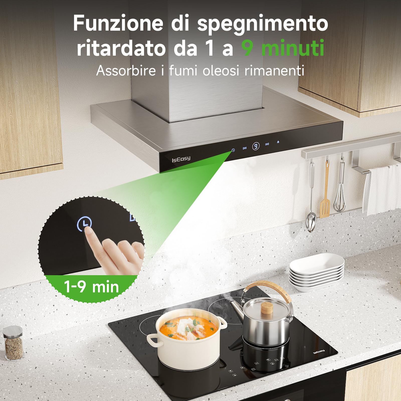 IsEasy Cappa Aspirante Inclinata 60 cm, Cappa Cucina con 590m³/h Forte Potenza di Aspirazione, 4 Livelli di Regolazione, 1-9 Minuti di Ritardo di Arresto, 67 dB, Argento, Class A++
