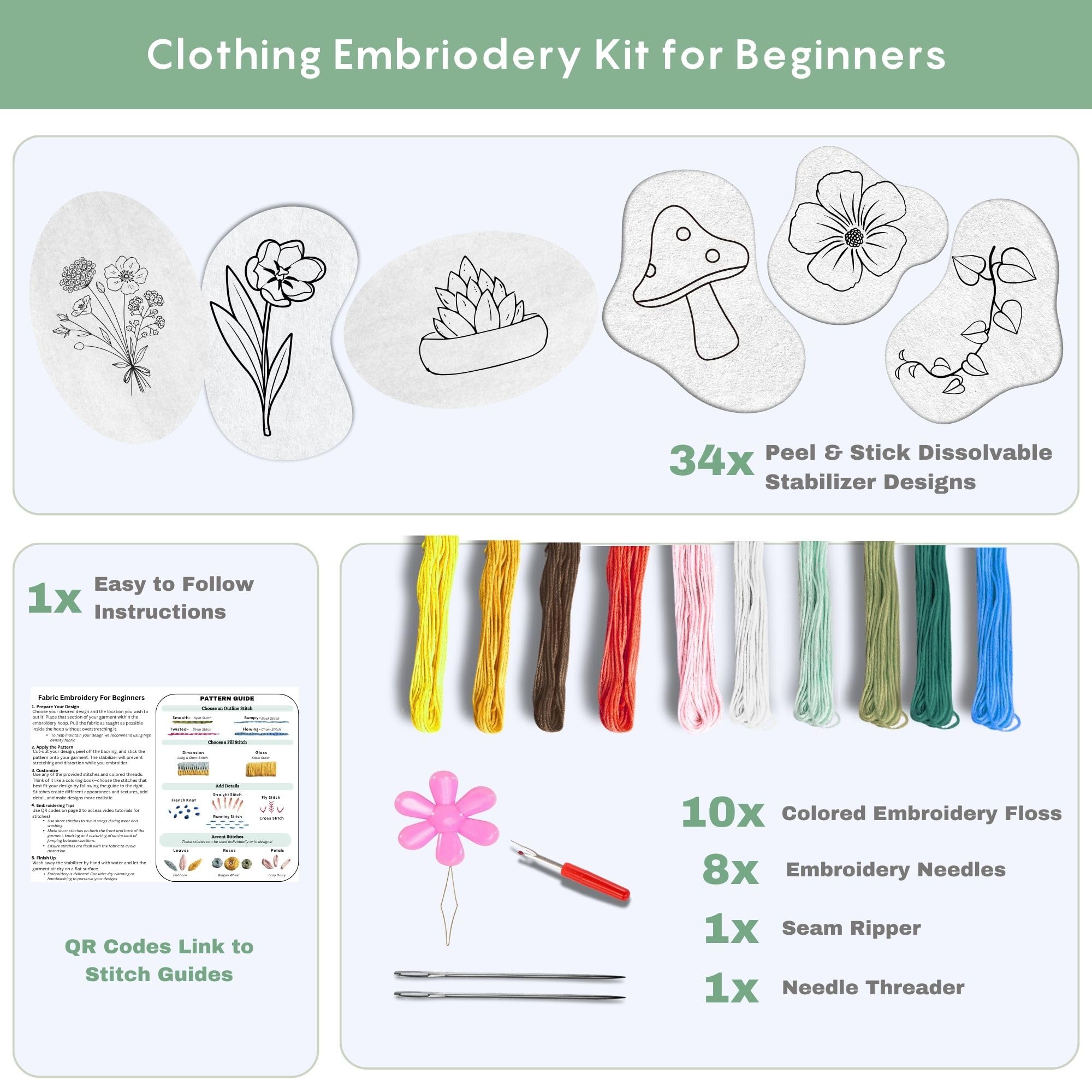 Easy Clothing Embroidery Kit - 34 Water Soluble Stick & Stitch Designs - Embroidery Kit for Clothes Starter Pack, Beginners All Inclusive Kit for Clothing Embroidery - Image 5