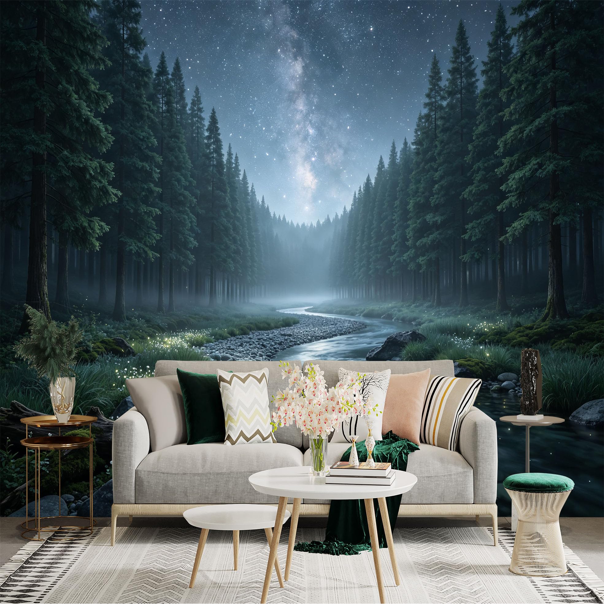 Lnzczhyre Bh260719369 Custom Size Wall Sticker Mural， Misty Forest River， Milky Way Night Sky， Glowing Fireflies By Creek， For Wall Decoration， Peelandstick Wall Decals.
