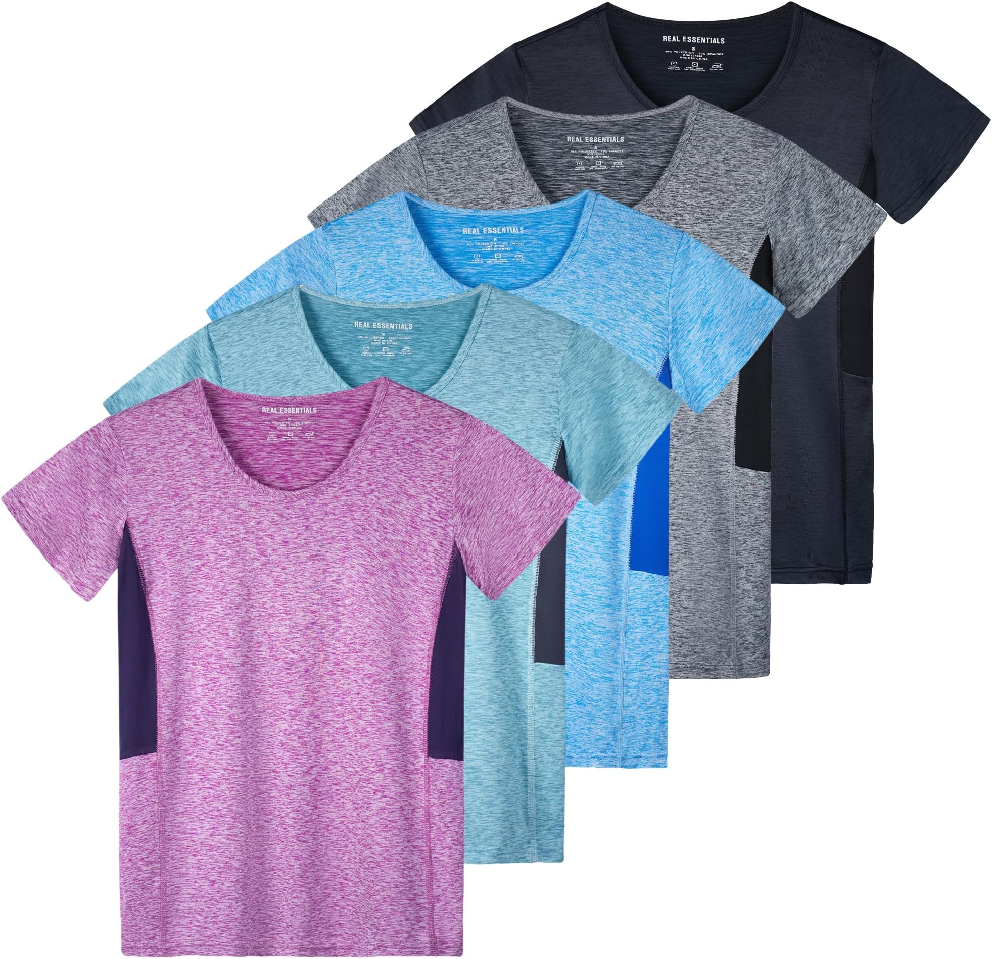 Real Essentials5 Pack: Women's Dry Fit Tech Stretch Short-Sleeve Crew Neck Athletic T-Shirt (Available in Plus Size)