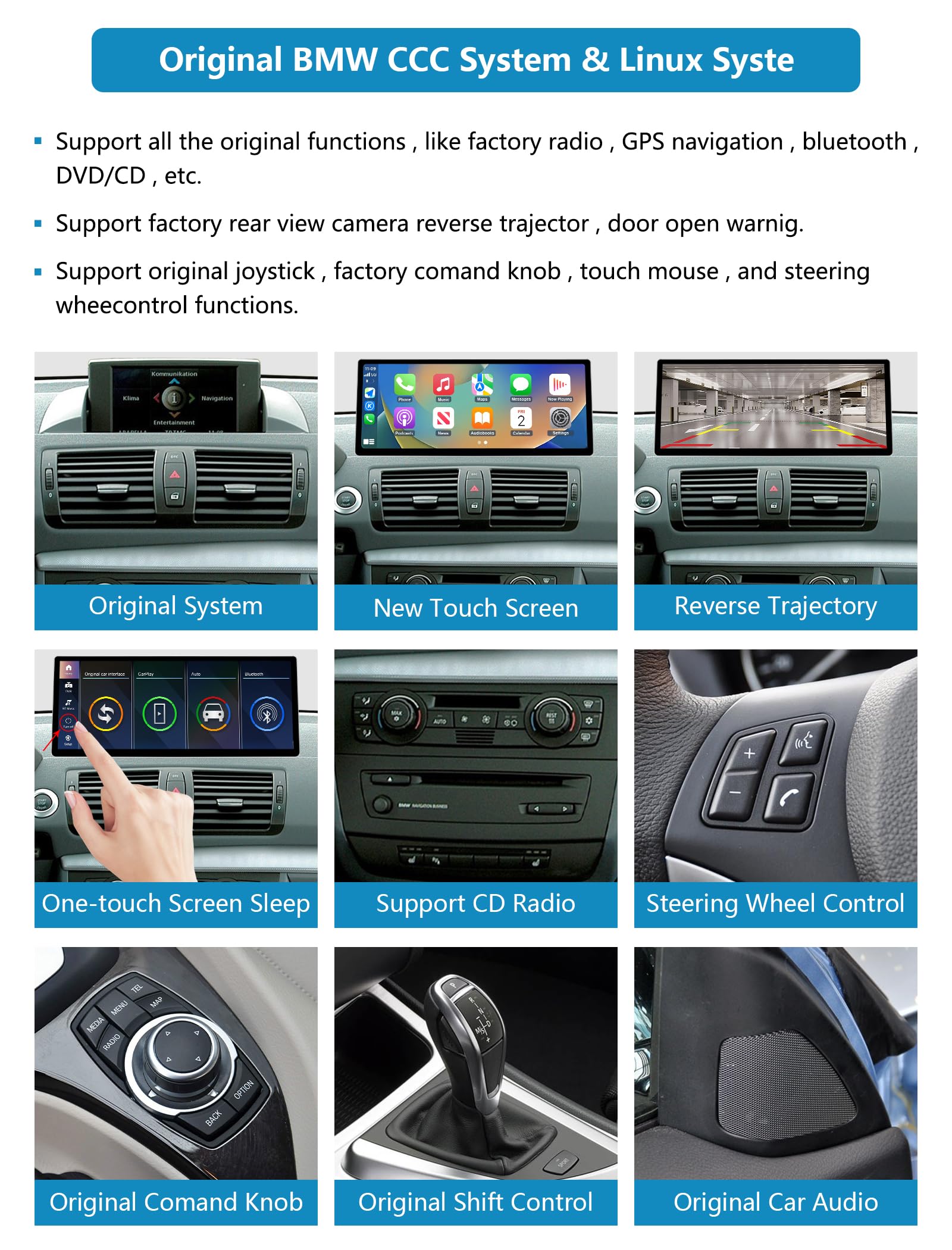 Autoradio touchscreen da 12,3 pollici per BMW Serie 1 E81/E82/E87/E88 2004-2008 con sistema CCC, supporta Apple CarPlay/Android Auto/Mirrorlink/Navigazione, aggiornamento autoradio