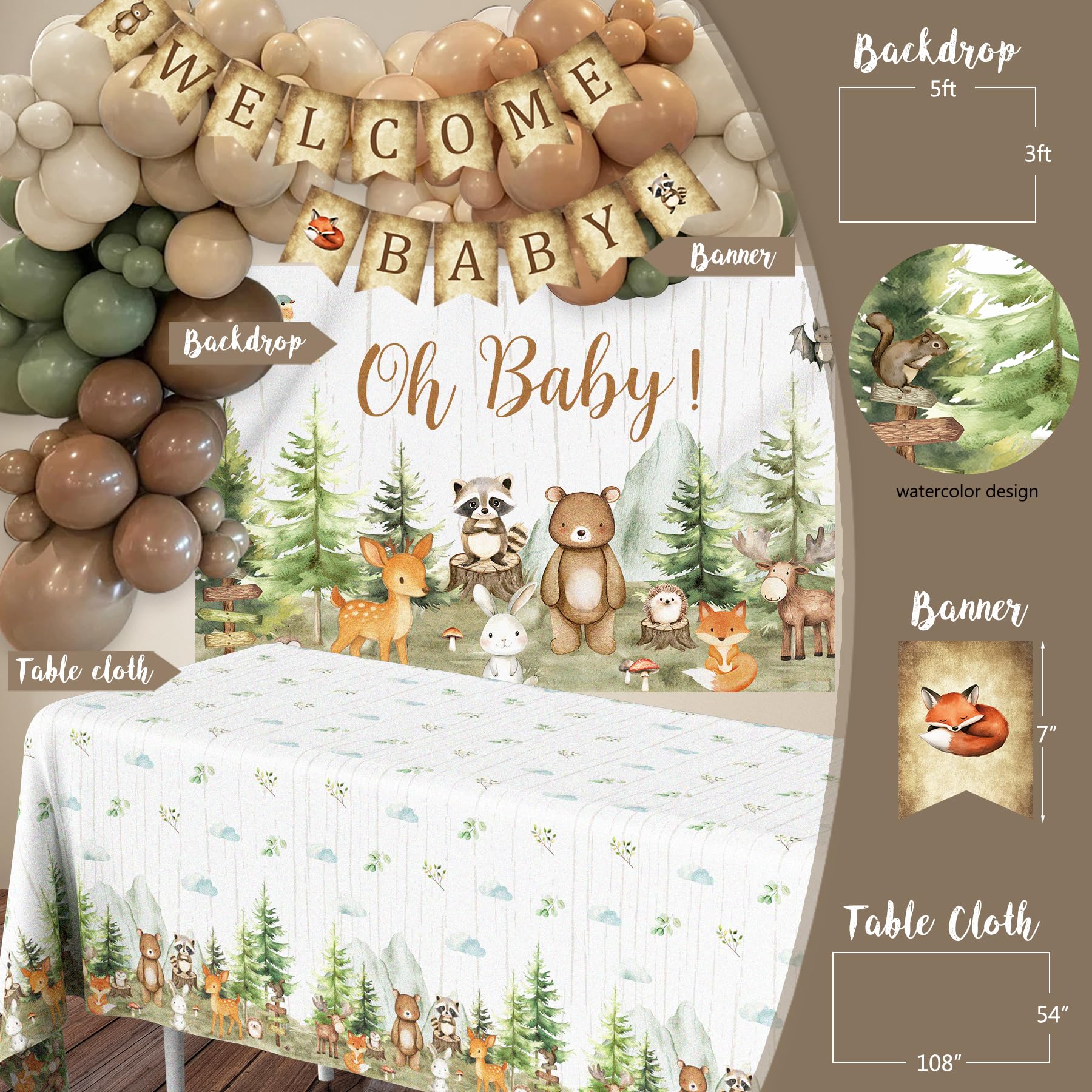 Woodland Animals Baby Shower Decoration Party Supplies, Forest Animal Neutral Gender Reveal Party Decorations, Backdrop Balloon Arch Box Mom to Be Sash Dad to Be Pin Tablecloths Cake Topper