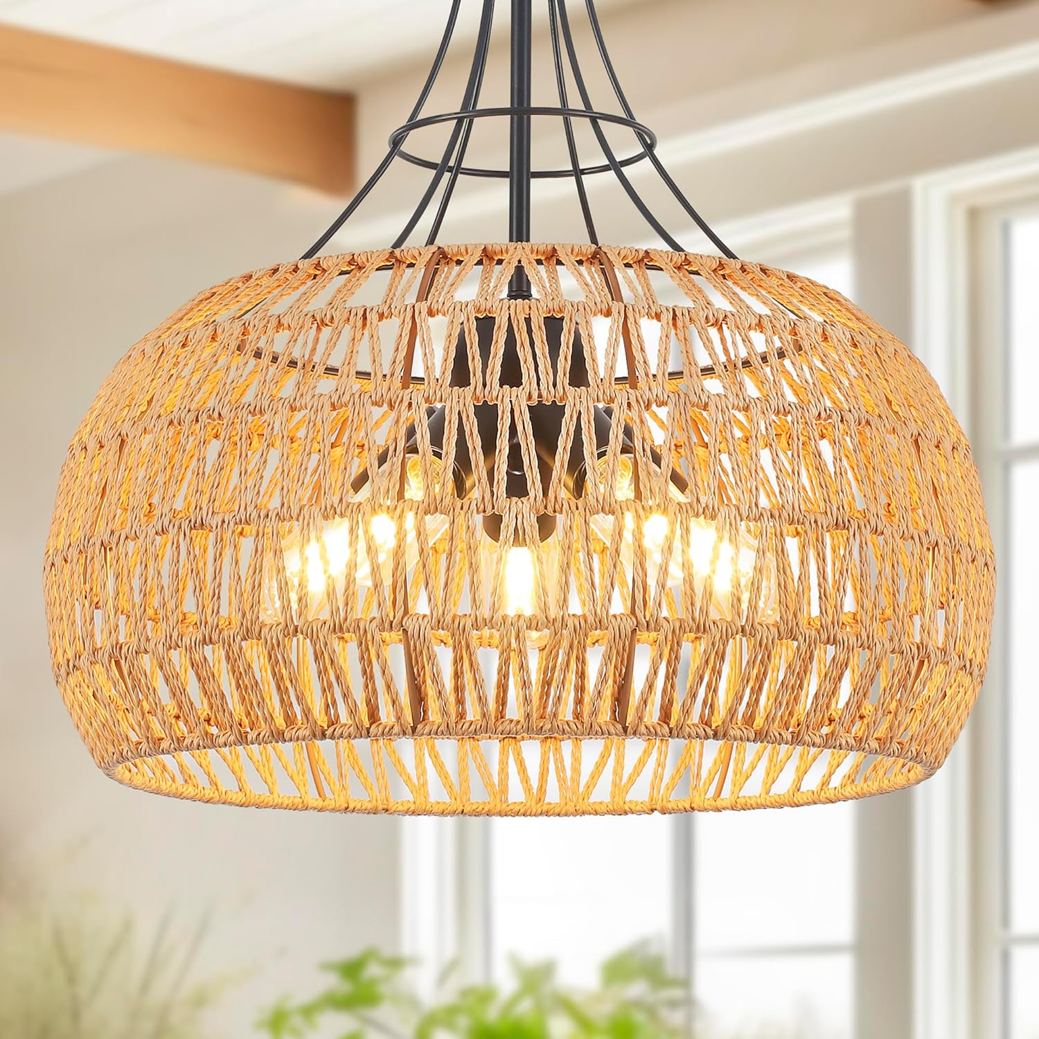 20" Rattan Farmhouse Chandeliers for Dining Room, 5-Light Boho Rattan Chandelier Light Fixtures with Woven Wicker Lampshade, Rustic Pendant Lighting for Kitchen Island, Living Room