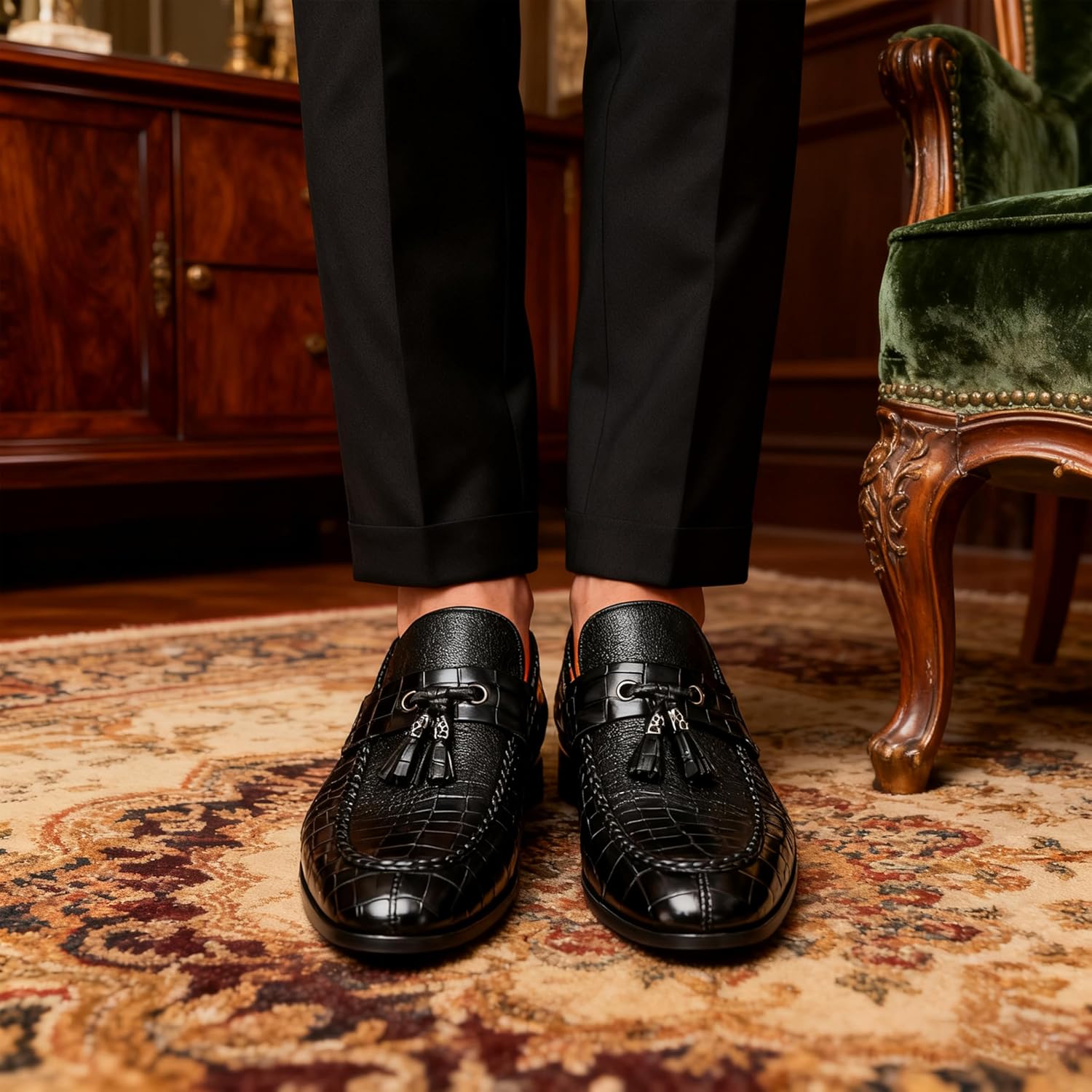 Men's Leather Tassel Loafers Classic Leather Crocodile Print Penny Loafers Formal Dress Shoes for Men Slip-On Driving Moccasins for Wedding & Party