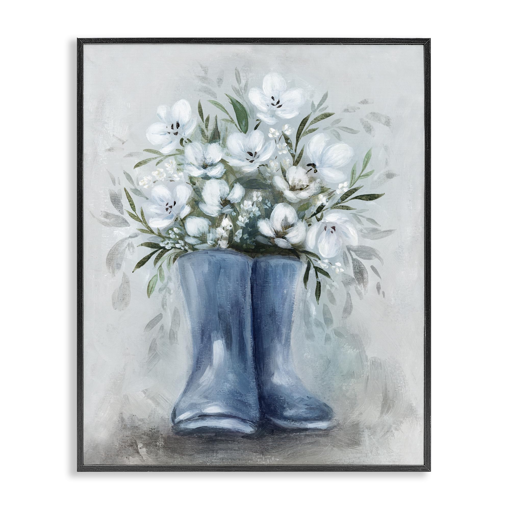 Stupell Industries Midnight Black (Textured) 'Botanical Bouquet In Blue Boots'| Framed Giclee Art