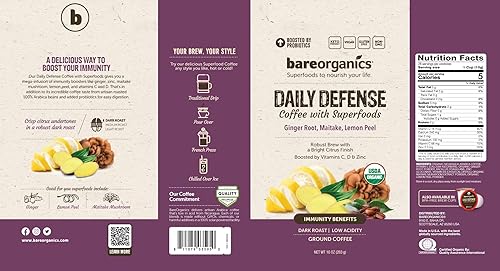 Miniatura 3 de BareOrganics Artisan Ground Daily Defense - Café en bolsa con superalimentos, tostado oscuro, sin OMG y sin gluten, ginkgo, raíz de jengibre,