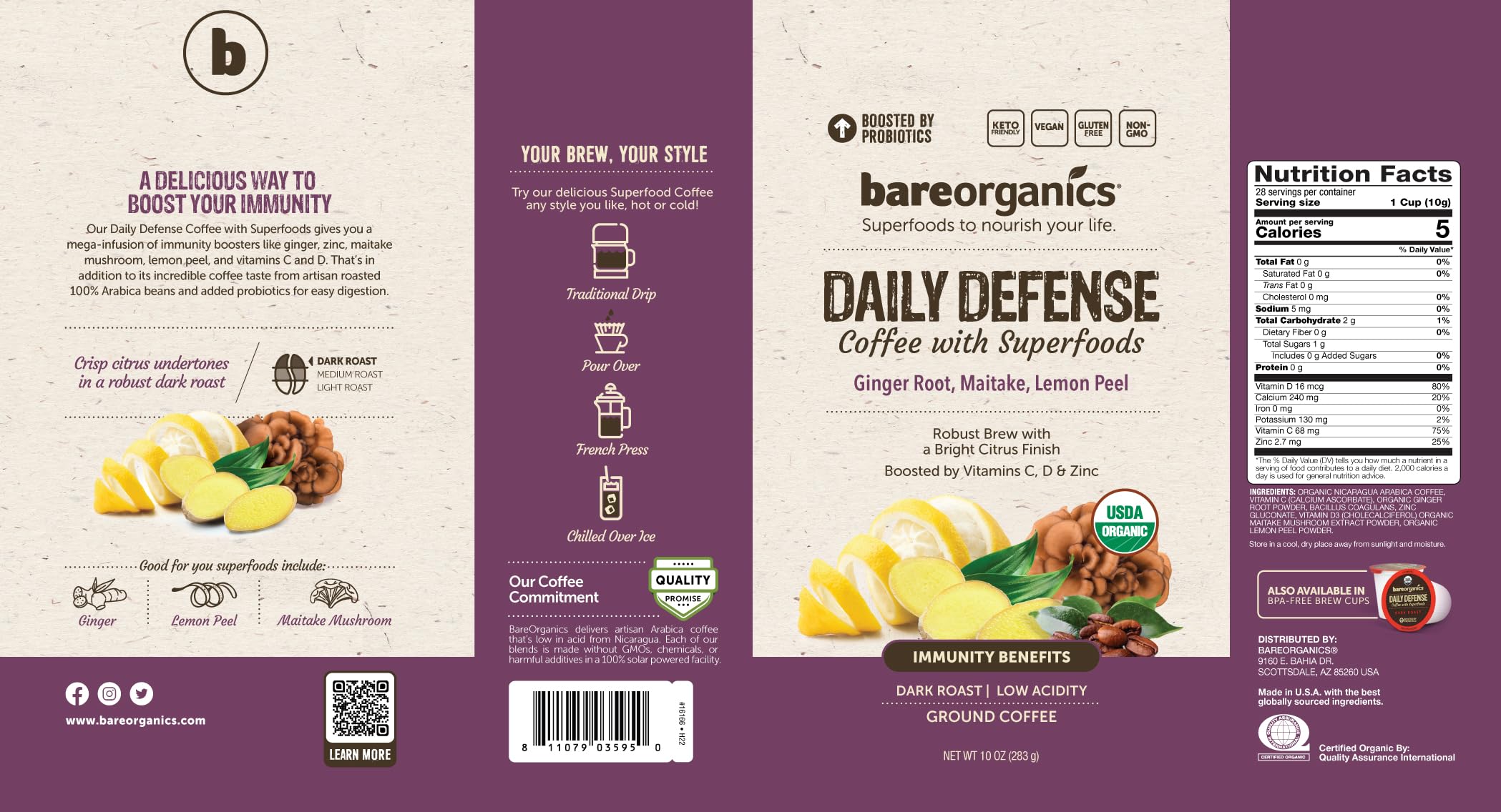 Daily Defense Organic Ground Bagged Coffee – Coffee with Maitake, Ginger Root, Lemon Peel & Superfoods – Healthy Mold Free Probiotic beverage, Vegan, Gluten Free - 10 oz
