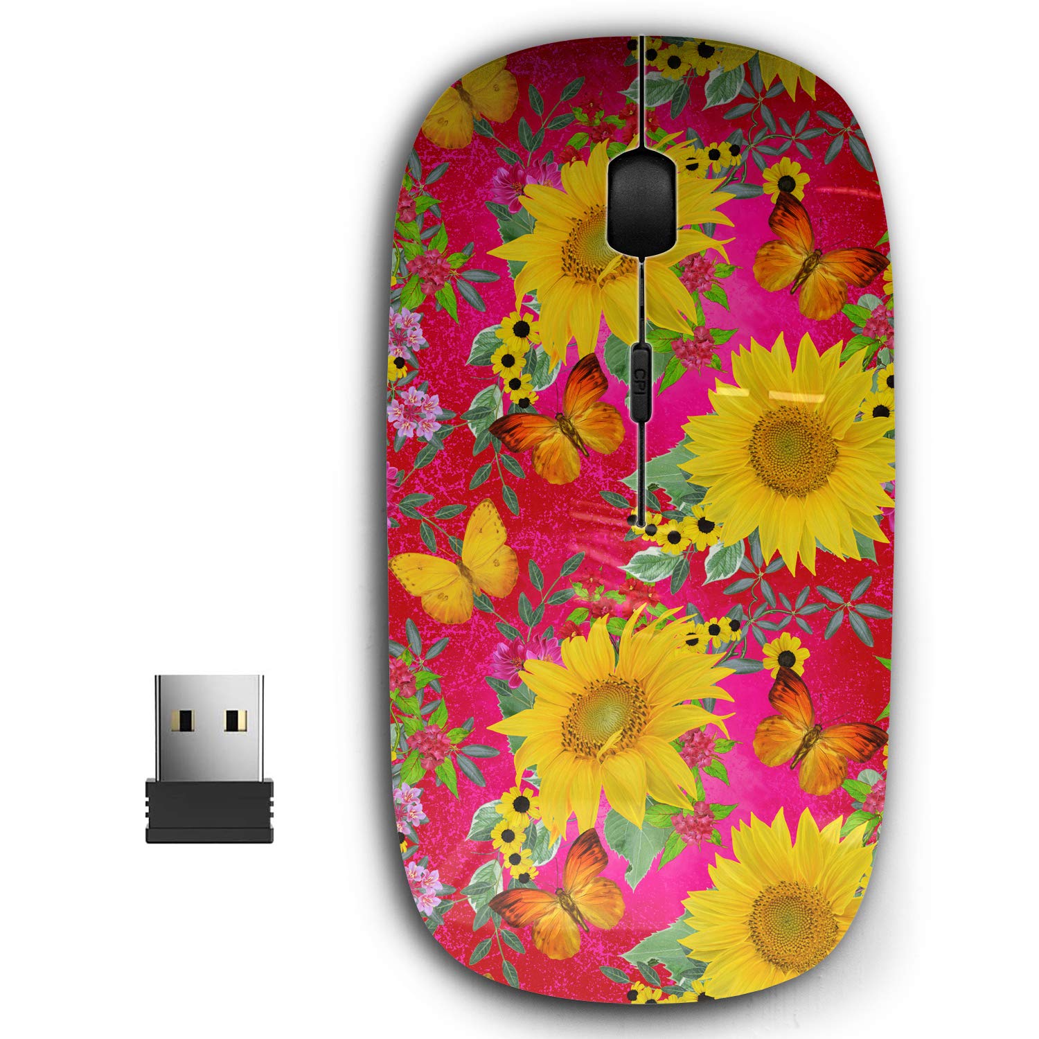 KAWAMOUSE2.4G Ergonomic Portable USB Wireless Mouse for PC, Laptop, Computer, Notebook with Nano Receiver (Floral Yellow Sunflowers)