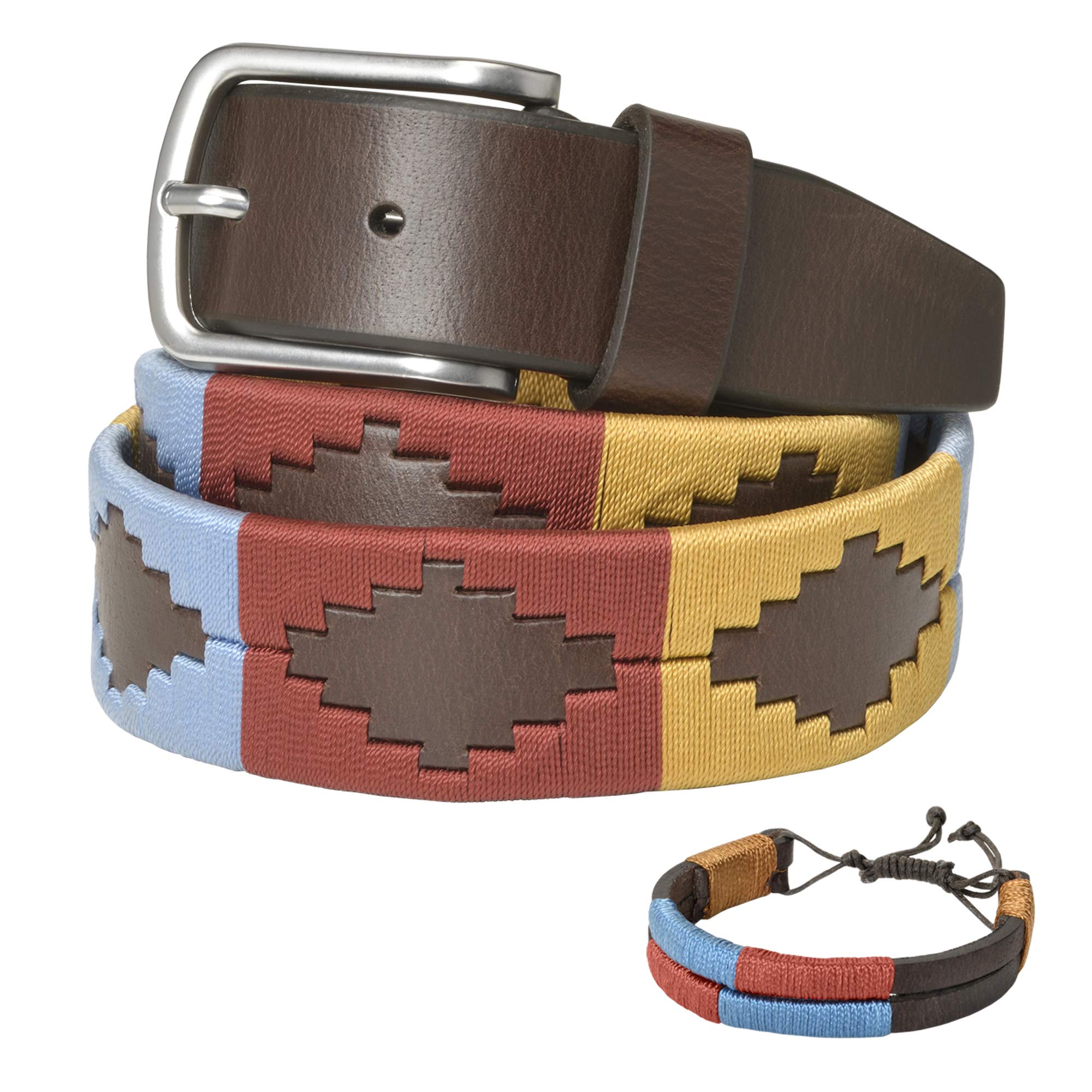PELPE Cinturón argentino de piel, con pulsera de hilo y cuero a juego. Cinturón bordado sobre cuero, para hombre y mujer. Cinturones argentinos Polo.