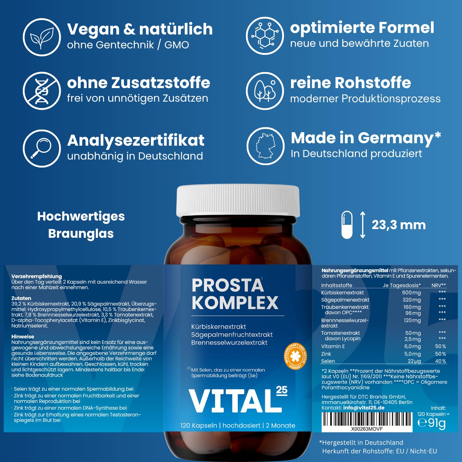 Prosta Komplex Kapseln mit Sägepalmenextrakt, Kürbiskern, Brennnessel, OPC, Lycopin, Vitamin E, Zink, Selen - hochdosiert & vegan - im Braunglas - 120 Kapseln für 2 Monate