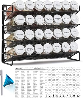 SpaceAid Spice Rack Organizer with 28 Spice Jars, 386 Spice Labels, Chalk Marker and Funnel Set for Cabinet, Countertop, Pantry, Cupboard or Door & Wall Mount - 28 Jars, 13.4" W × 10.8" H, White
