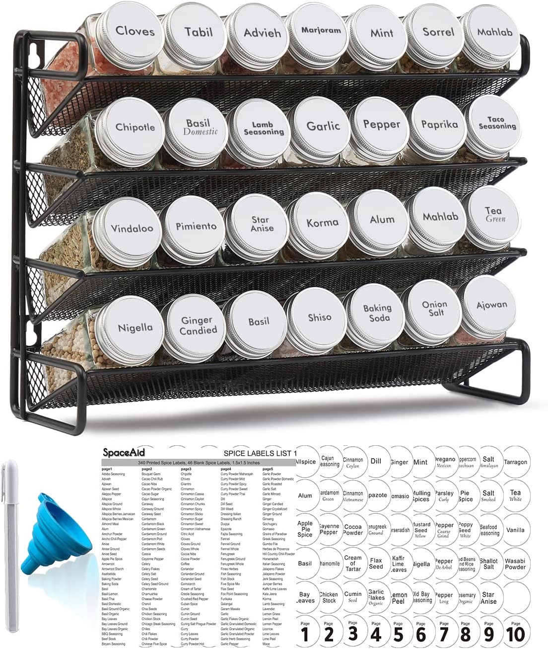Spice Rack Organizer with 28 Spice Jars, 386 Spice Labels, Chalk Marker and Funnel Set for Cabinet, Countertop, Pantry, Cupboard or Door & Wall Mount - 28 Jars, 13.4" W × 10.8" H, White
