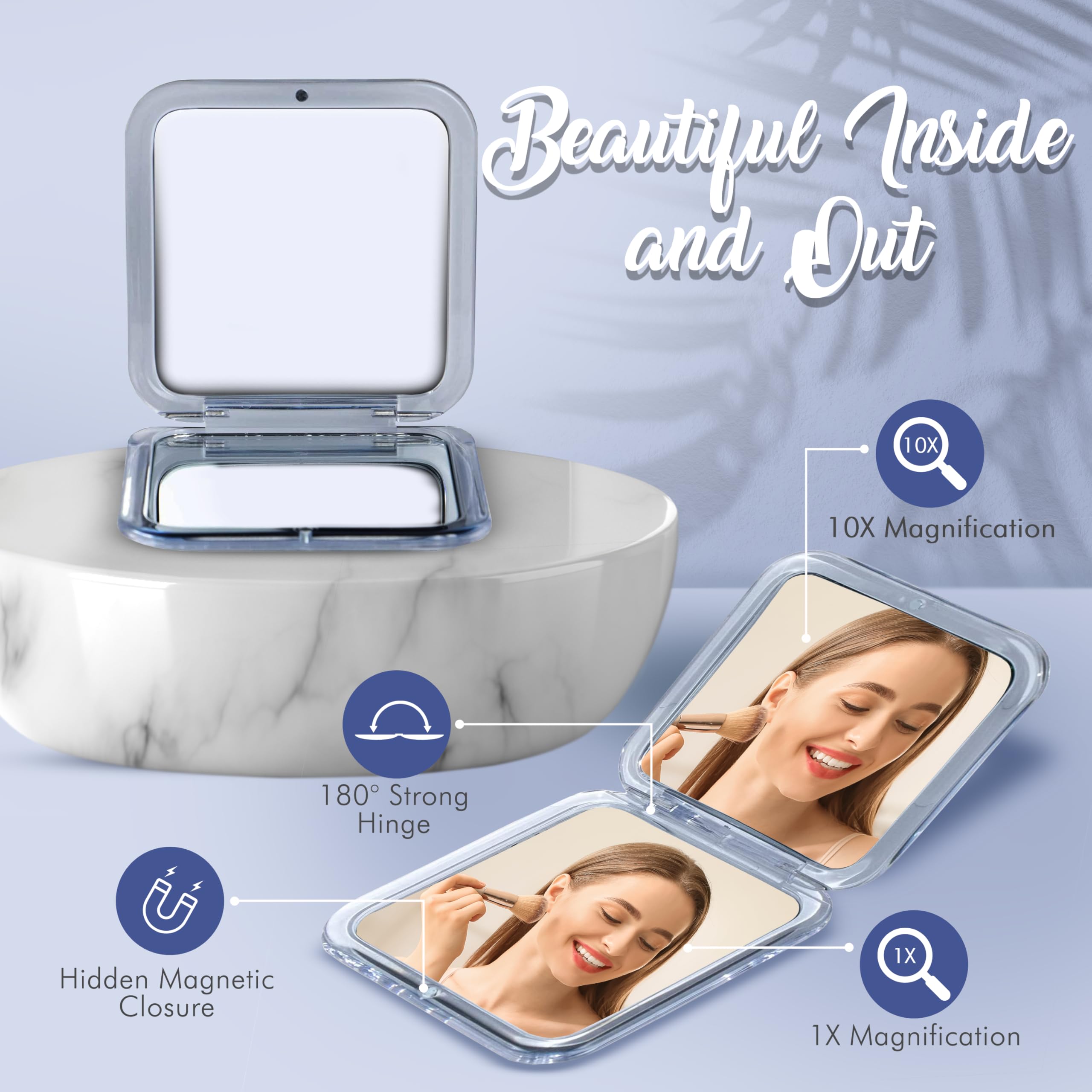 MIRRORVANA Small Compact Mirror for Travel - 10x / 1x Magnifying, Handheld, Folding Pocket Mirror for Women - 8.4cm x 8.4 cm (Square) - Image 2