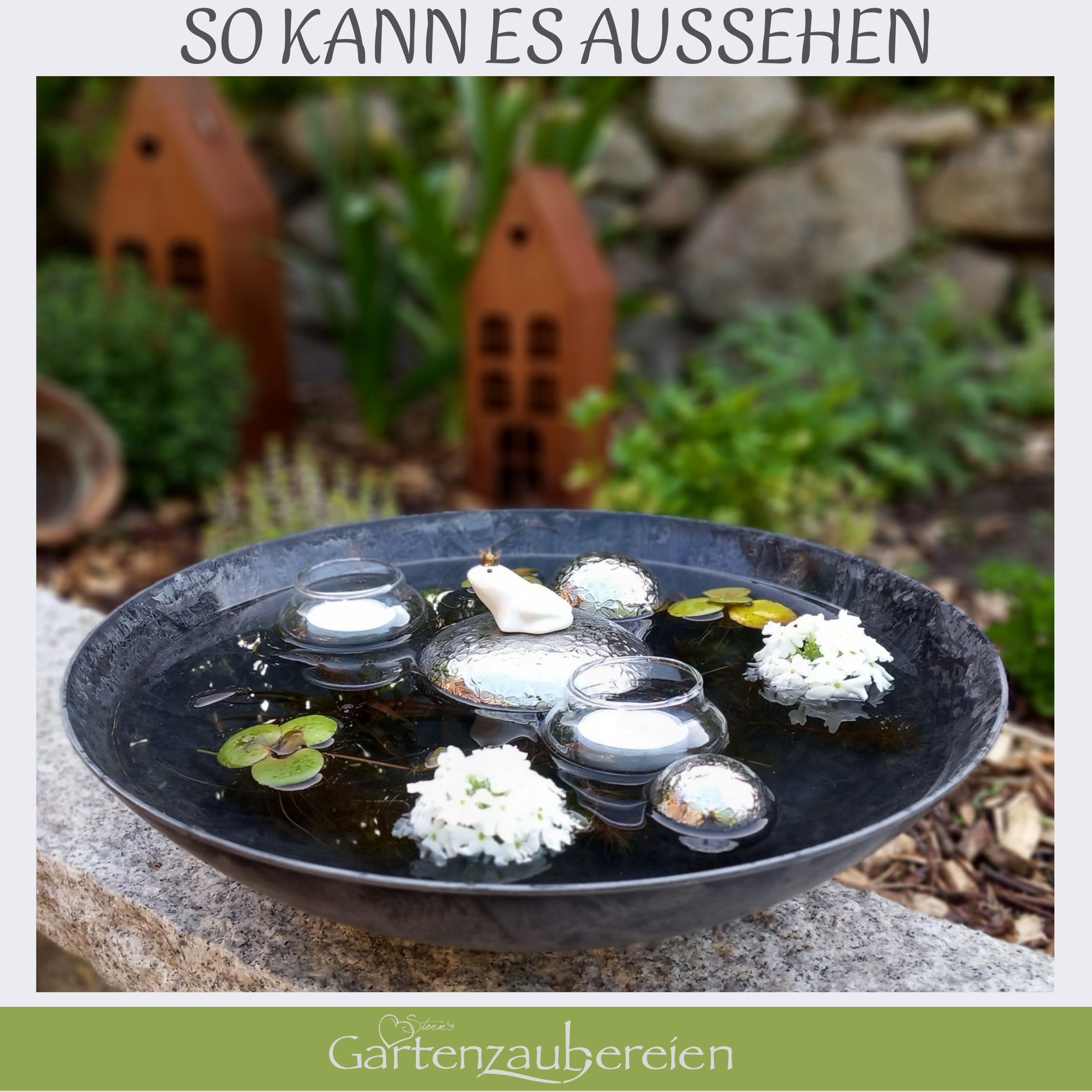 Storm's Gartenzaubereien Miniteich Komplettset mit Schwimmfrosch Keramik Grauer Deko Schale - Schwimmkugeln und Teelichtschalen