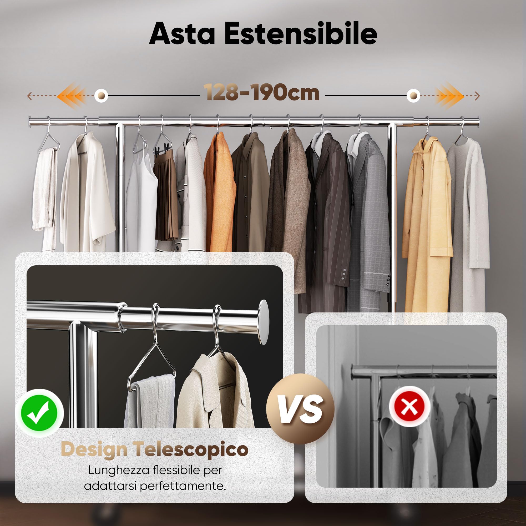 HOKEEPER Appendiabiti da Terra Resistente con Copertura Antipolvere, Barra Estensibile e Altezza Regolabile con Ruote Bloccabili, Salvaspazio per Camera da Letto, Appartamento Piccolo, Lavandería | Terra Resistente 204kg, con Ruote Bloccabili, Salvaspazio