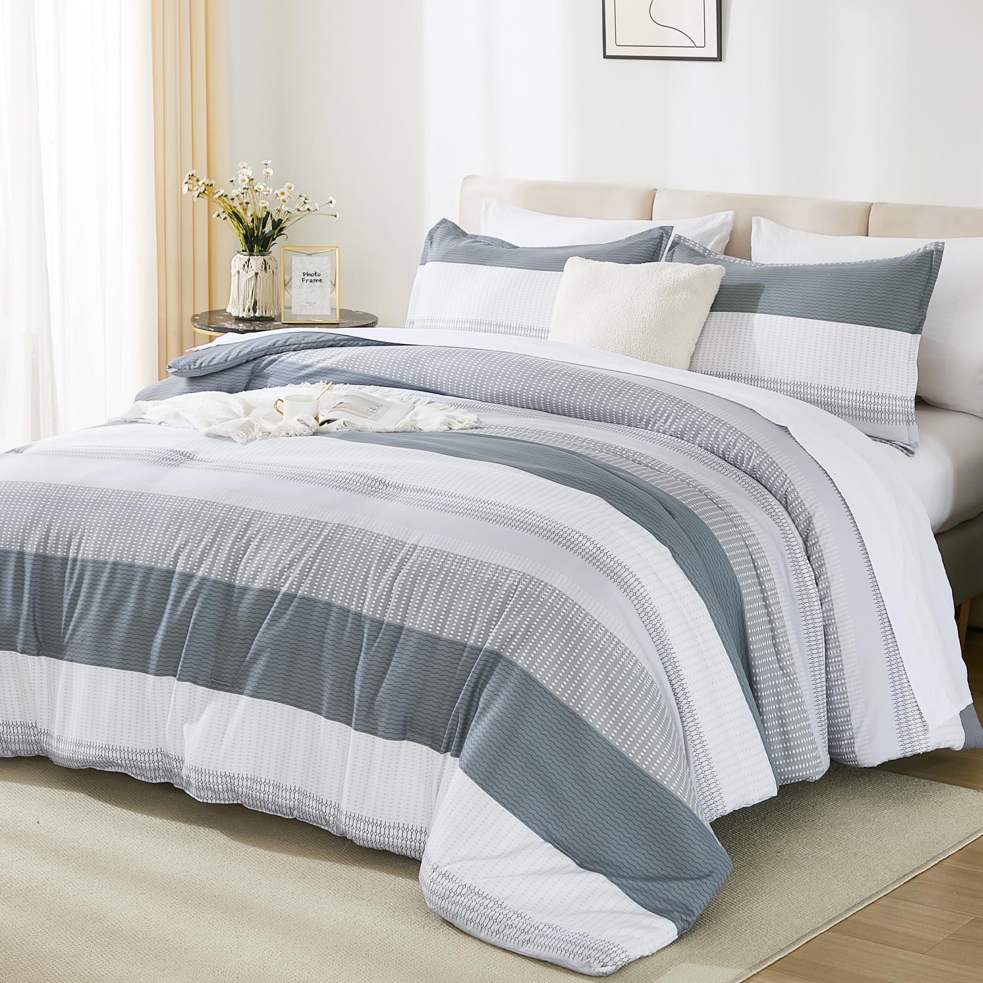 similar products Andency Queen Size Comforter Set 7 Pieces - Light Grey Striped Lightweight Bed in a Bag, Soft Microfiber Farmhouse All Season Bedding Set with Comforter, Fitted & Flat Sheet, Pillowcases & Shams
