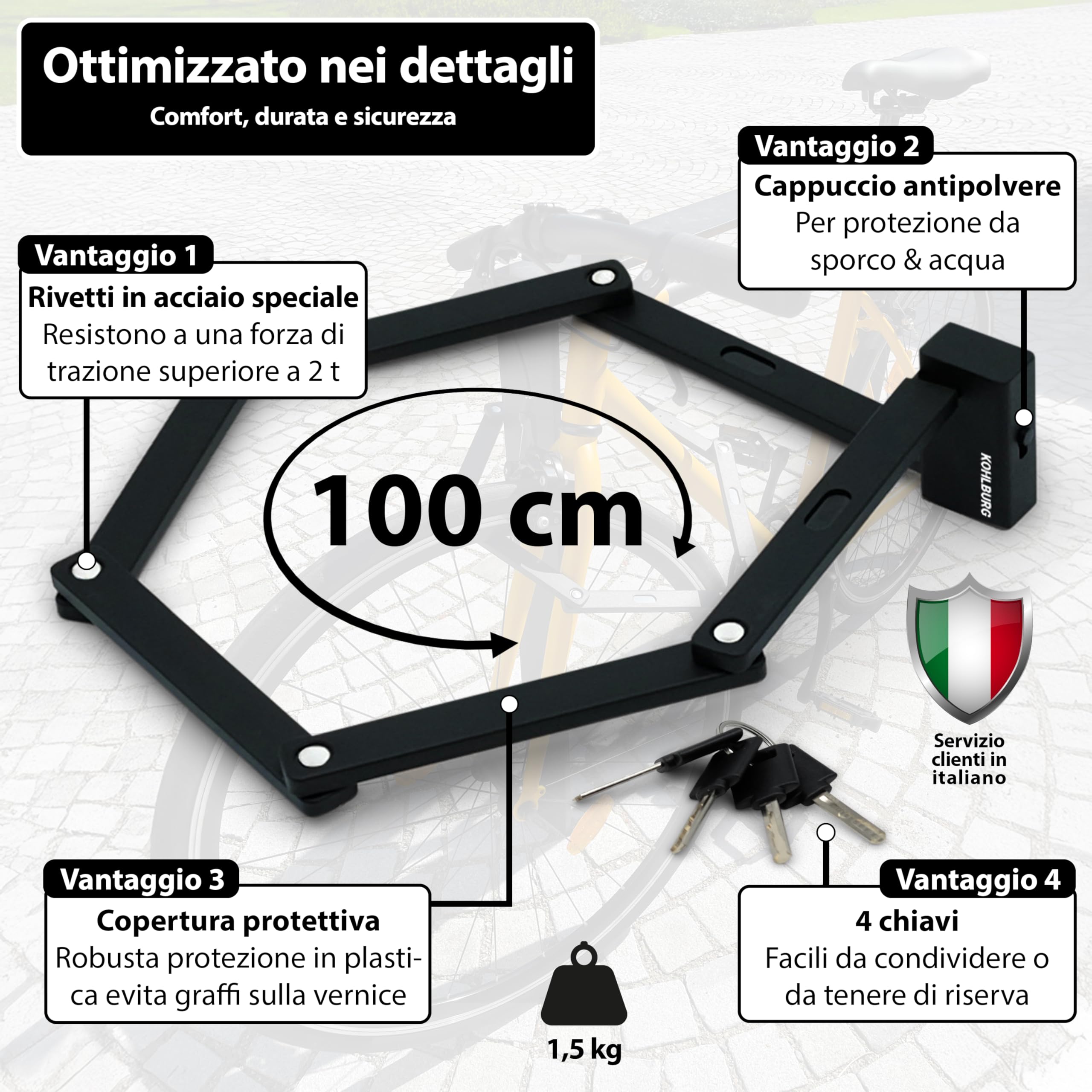 KOHLBURG Antifurto pieghevole di sicurezza [maglie spesse 9 mm, lunghezza 100 cm] Antifurto per bici con supporto & 4 chiavi, per monopattino elettrico, scooter, bicicletta elettrica, alta sicurezza
