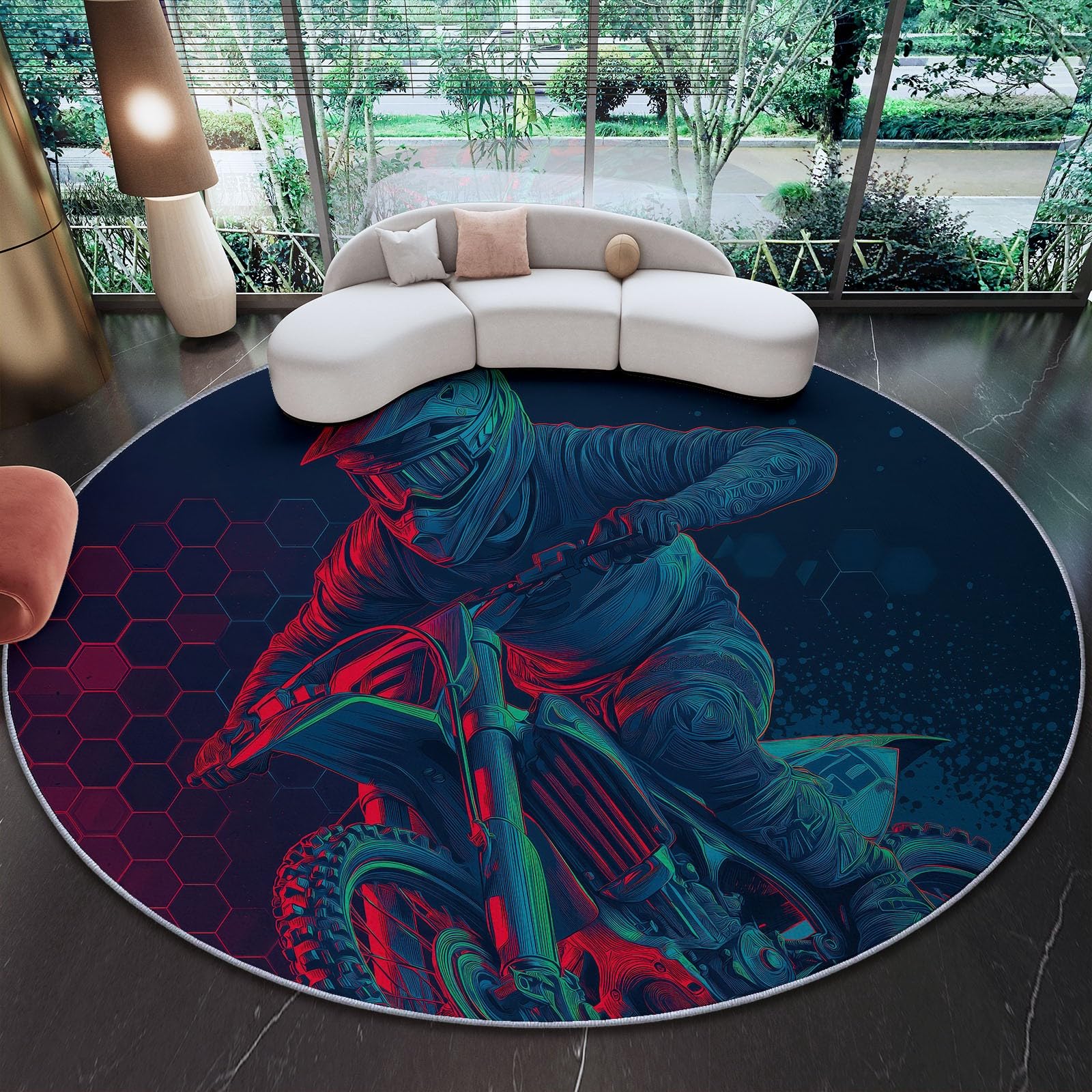 Tapis doux lavable pour sol glissant : la solution ronde 60cm motif moto aventure