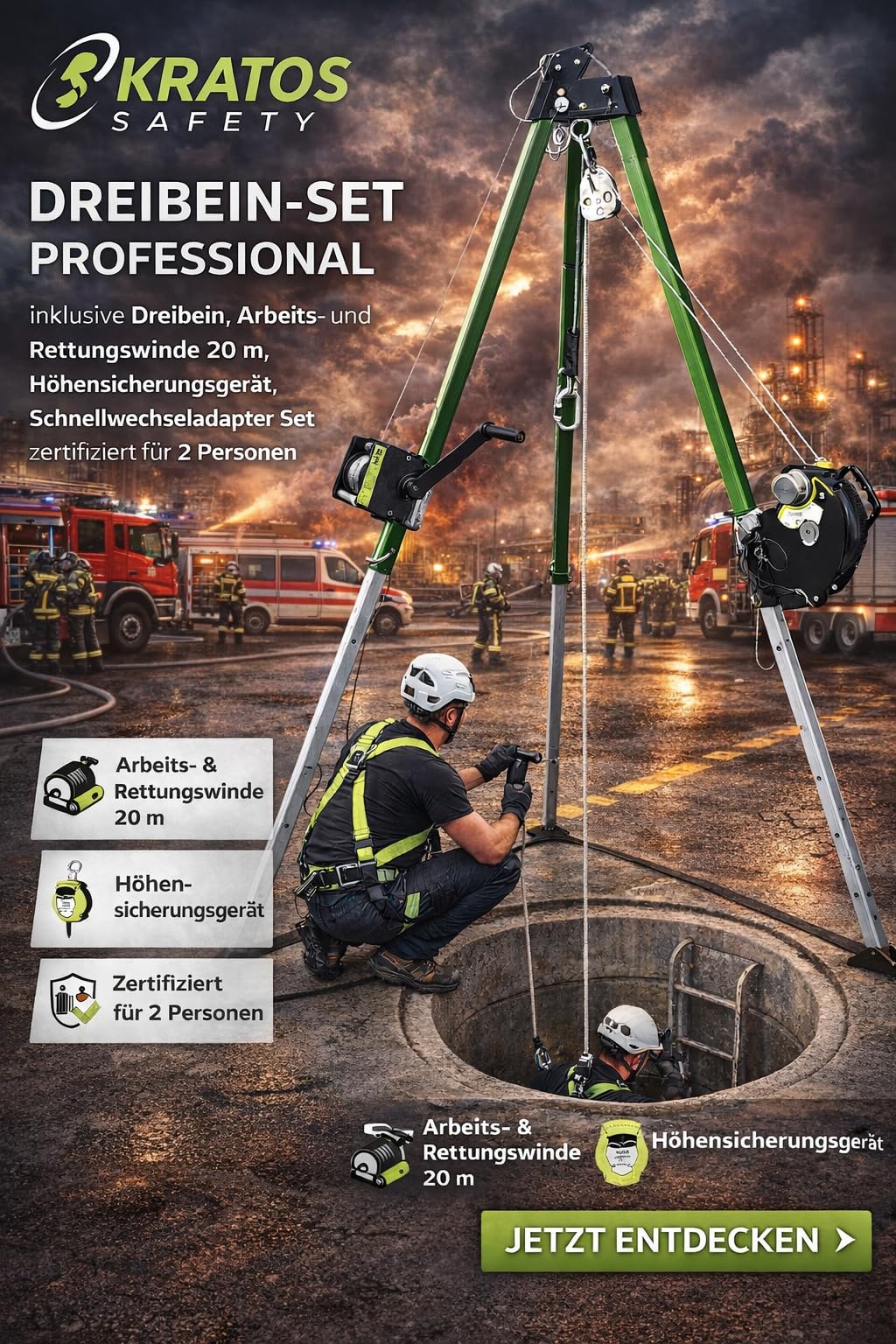 Kratos Safety Professional - Juego de tres patas, cabrestante de trabajo y rescate, 20 m, dispositivo de seguridad de altura, adaptador de cambio rápido