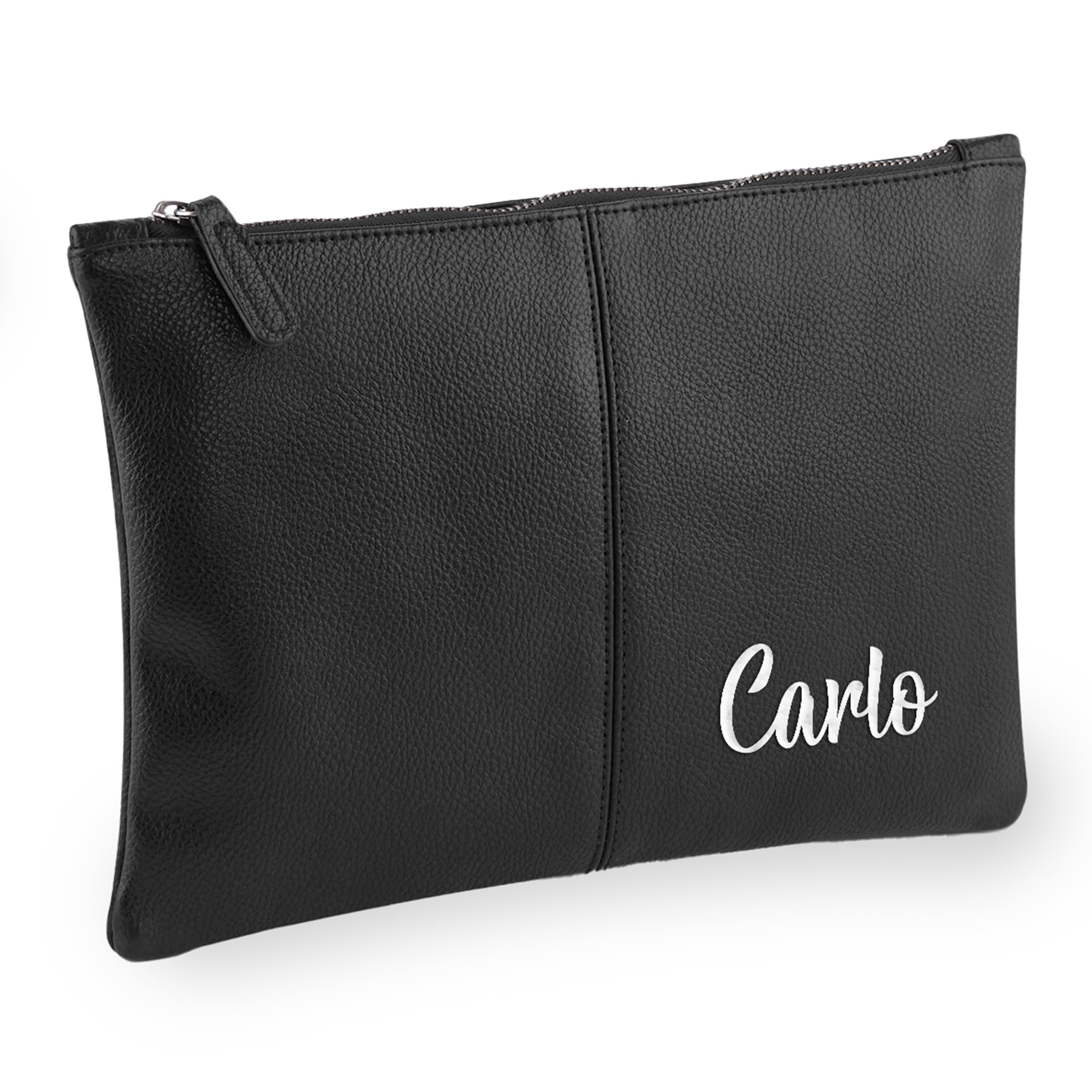 Borsello Uomo a Mano Personalizzato con Iniziali o Nome - Busta Elegante in Eco Pelle Pochette 28x20 cm con Cerniera per Accessori Lavoro Viaggio Casa Beauty Case Toilette (Nero)
