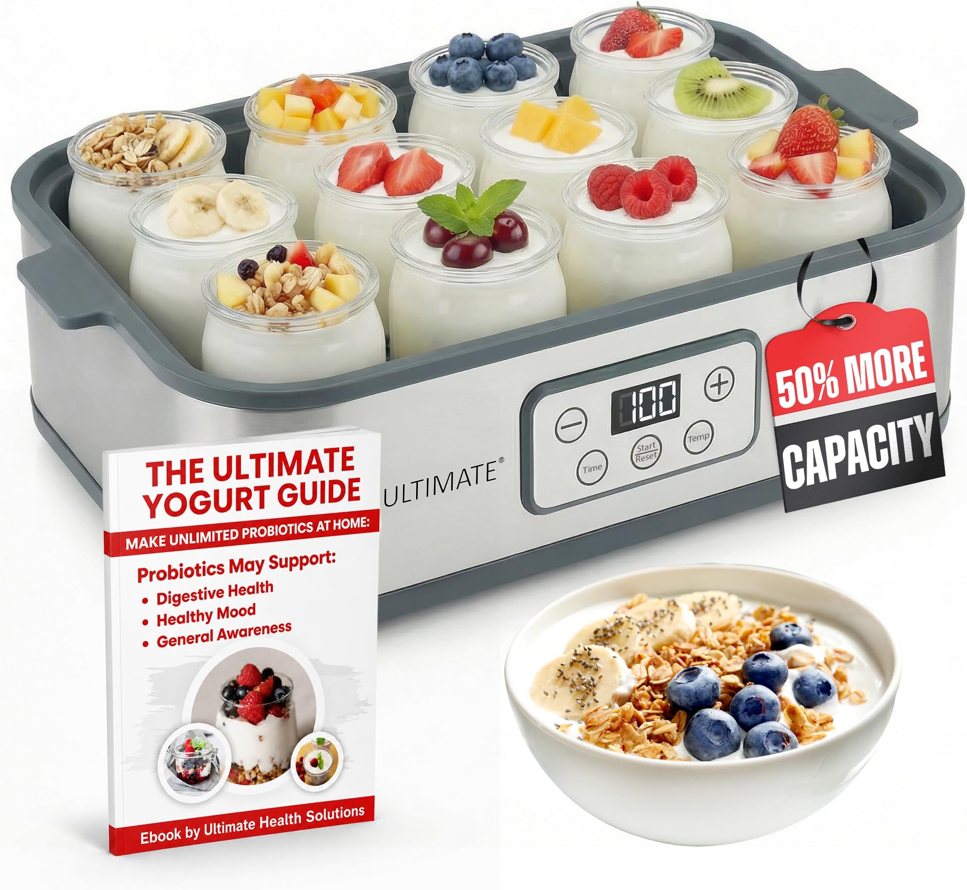 Ultimate Probiotic Yogurt Maker XL, Adjustable Time & Temperature Control, 50% More Capacity with 12 x 6oz Yogurt Jars, Make Trillions of Probiotics for Gut Health, ULTIMATE LIFETIME WARRANTY