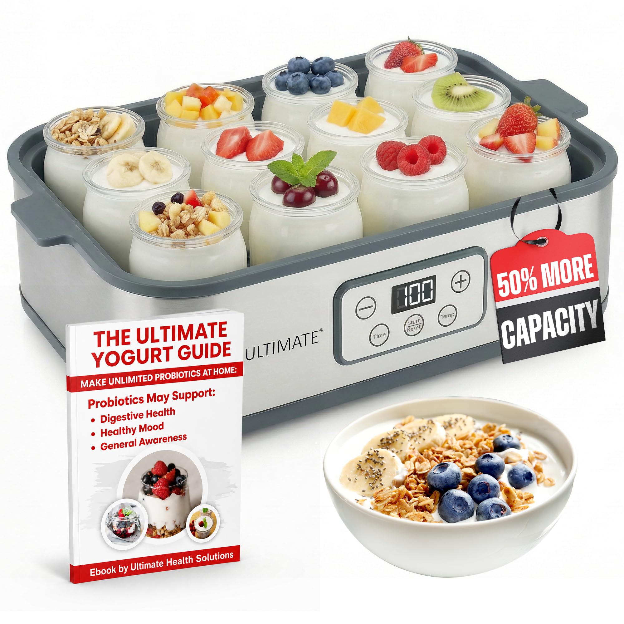Ultimate Probiotic Yogurt Maker XL - Adjustable Time & Temperature Control - 50% More Capacity with 12 x 6oz Yogurt Jars - Make Trillions of Probiotics for Gut Health - ULTIMATE LIFETIME WARRANTY