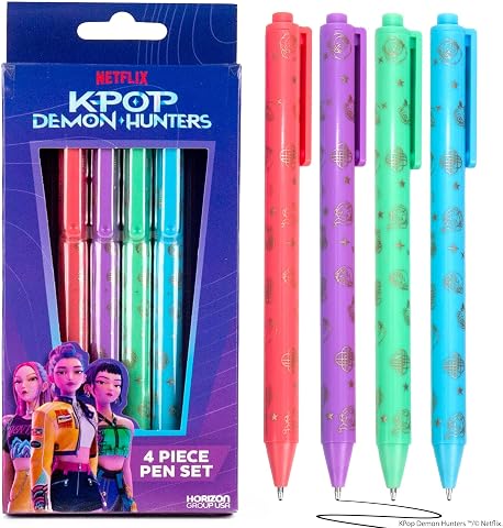 Netflix KPop Demon Hunters™ 4 Piece Pen Set – Retractable Ballpoint Pens with Black Ink, Pink Purple Green Blue, Gold Detail Desi…